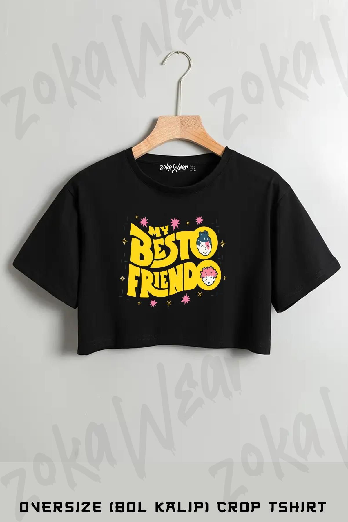 ZOKAWEAR Jjk My Besto Friendo Baskılı Oversize Crop T-Shirt
