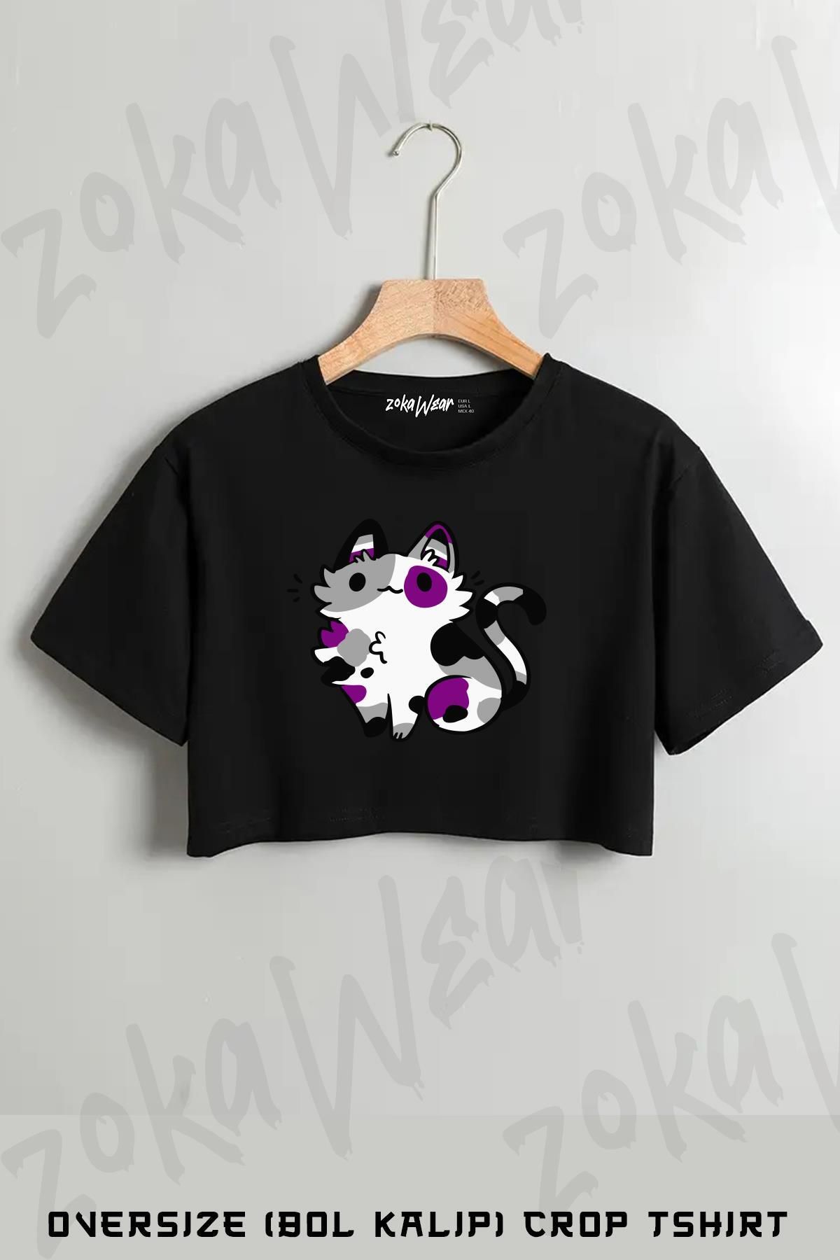 ZOKAWEAR Asexual Pride Cat Baskılı Oversize Crop T-Shirt
