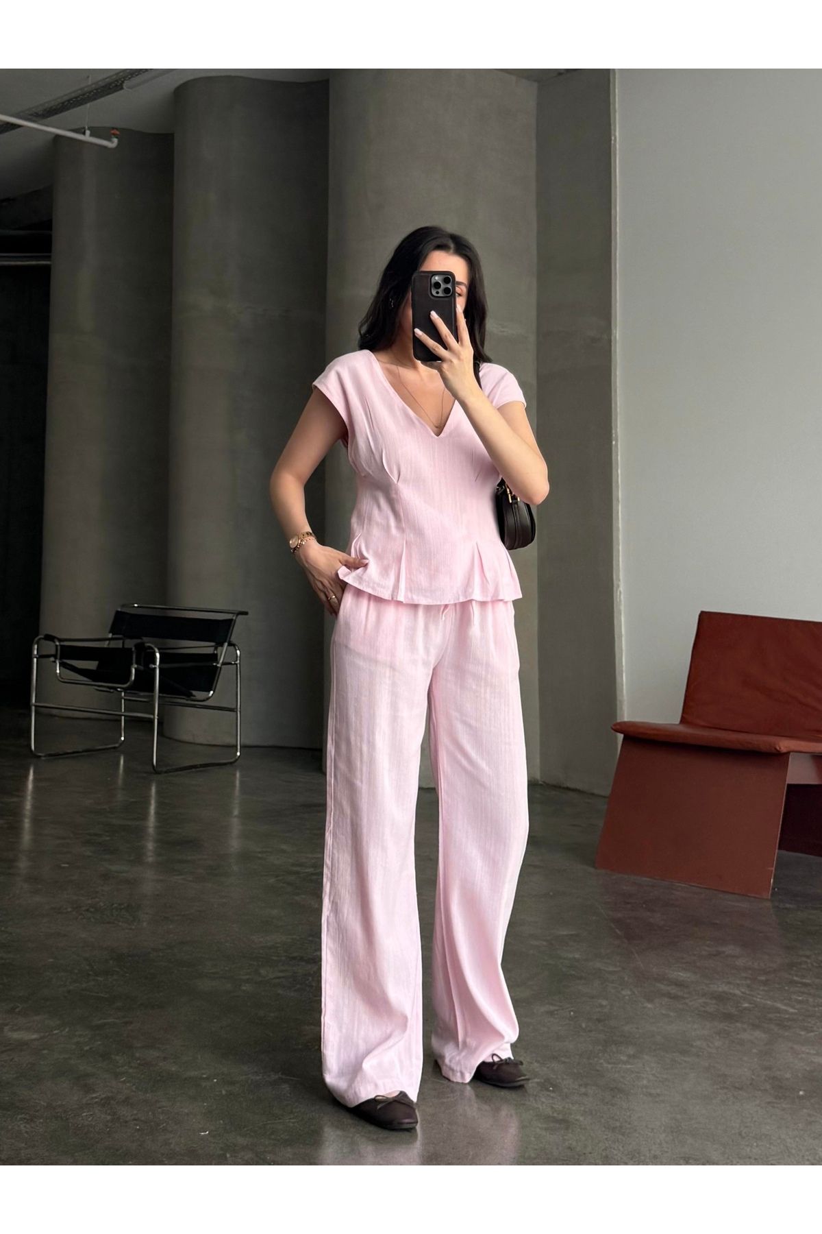 youlike butik V Yaka Keten Belden Pensli Bluz Pantolon Takım Pembe