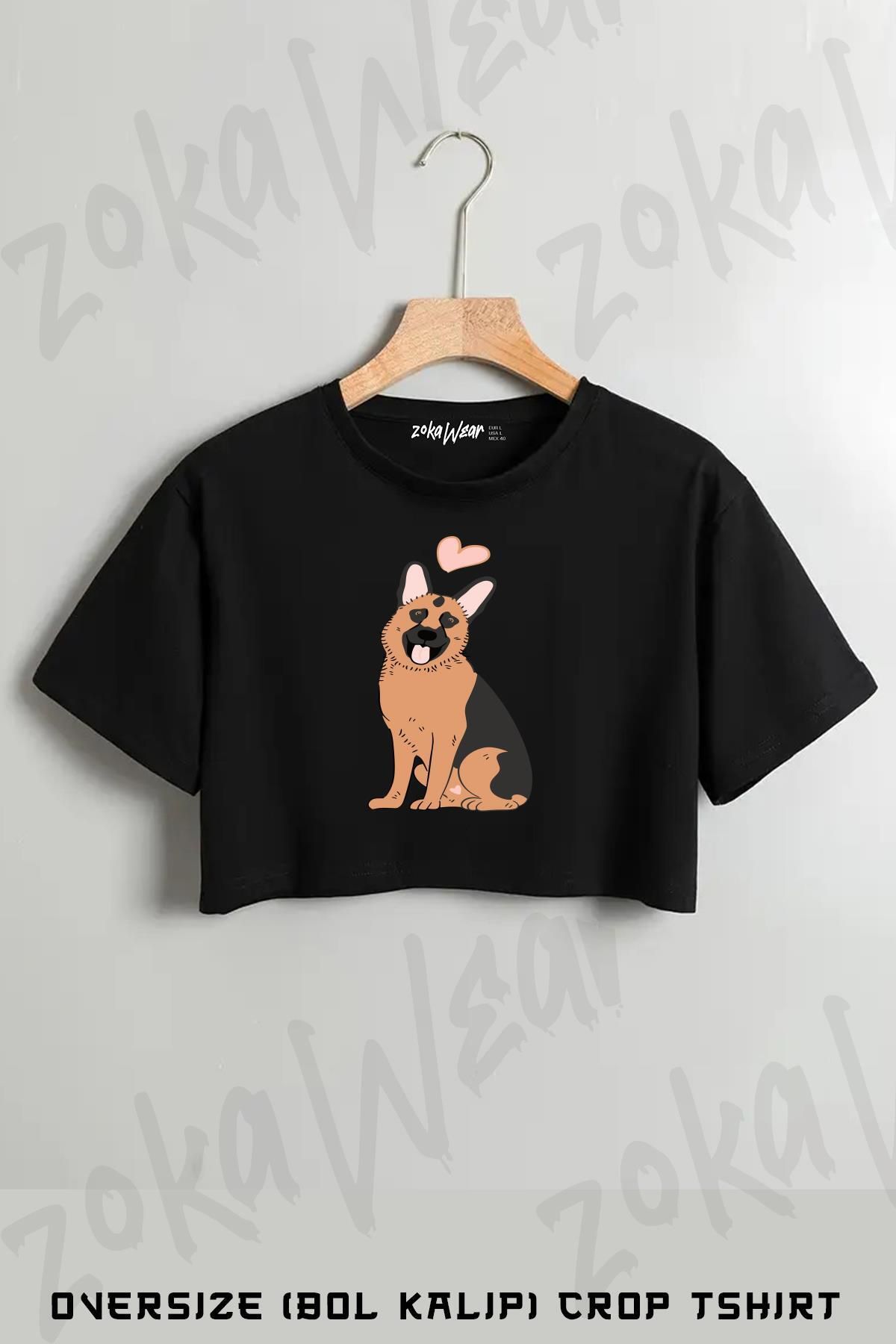 ZOKAWEAR Love German Shepherd Baskılı Oversize Crop T-Shirt