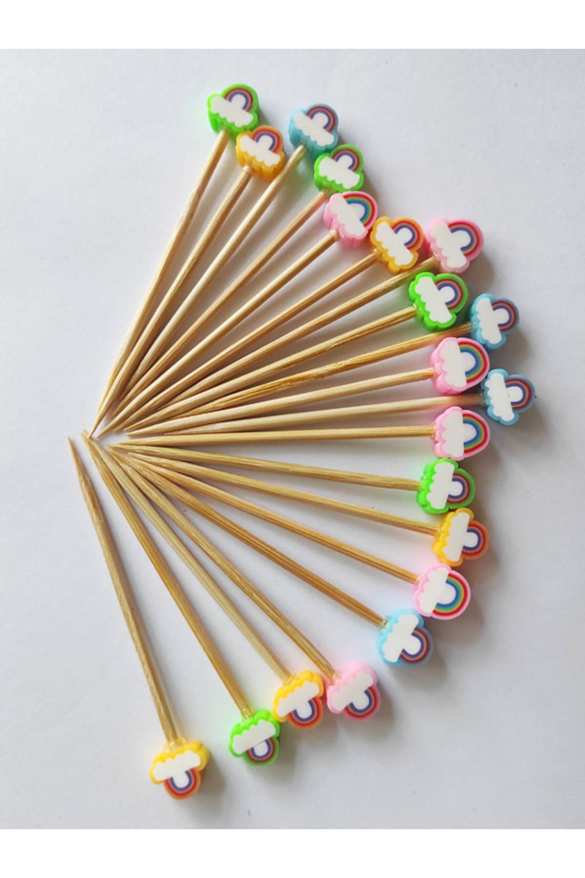BEYHAN BAYHAN 20 Adet Dekoratif Gökkuşağı Boncuklu Pasta Kürdanı 6,5 cm - Sunum Kürdanı