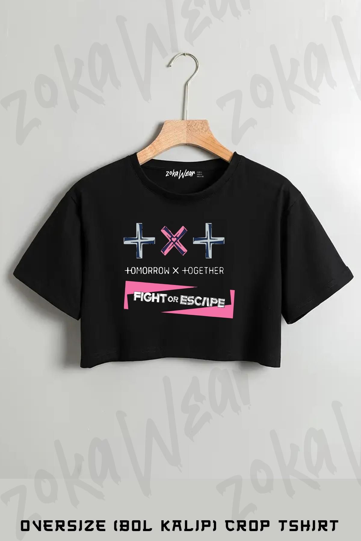 ZOKAWEAR Txt Fıght Or Escape Baskılı Oversize Crop T-Shirt