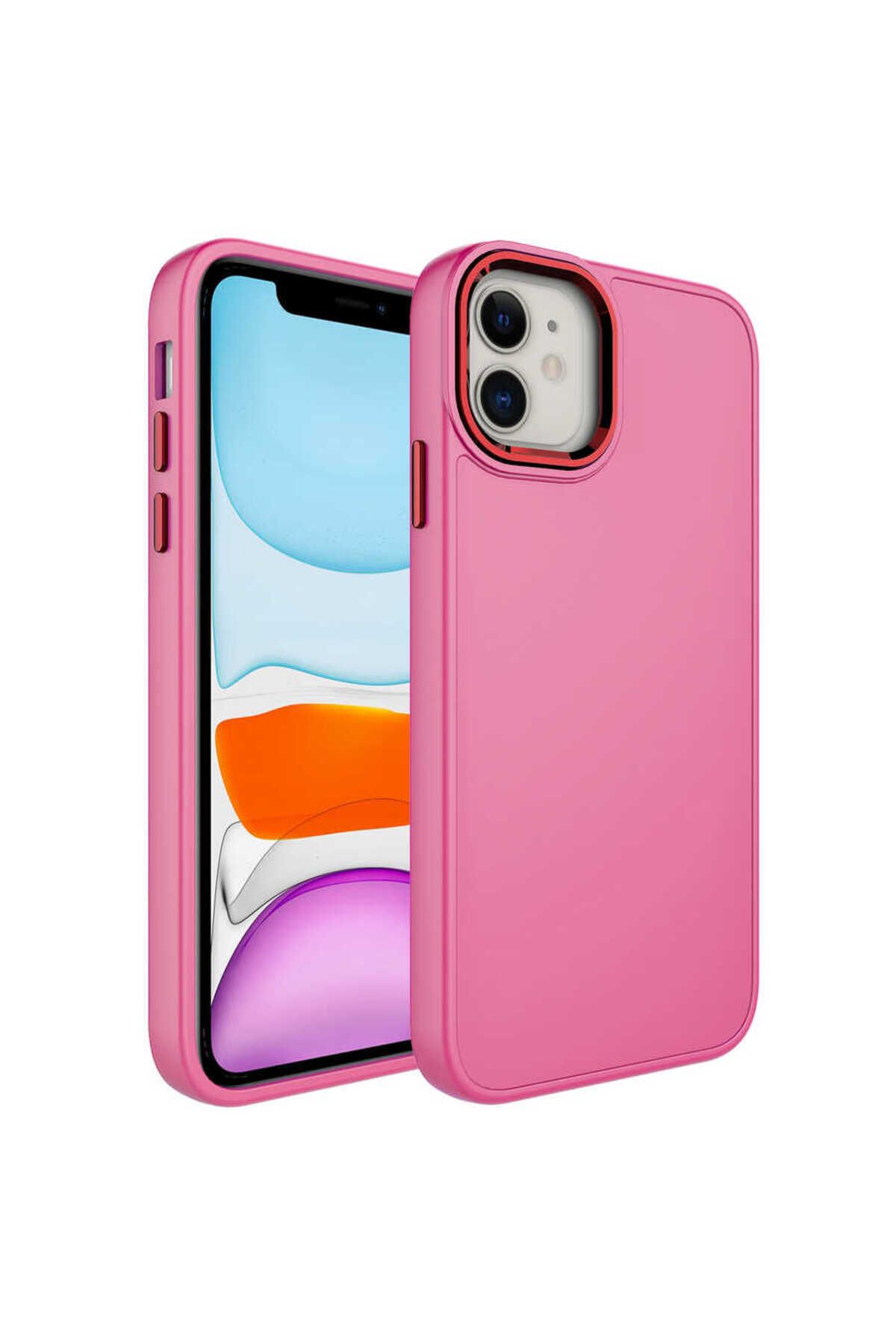 YTSGLOBAL iPhone 11 Uyumlu Metal Çerçeve ve Buton Tasarımlı Silikon YTSG Luna Kılıf-Pembe