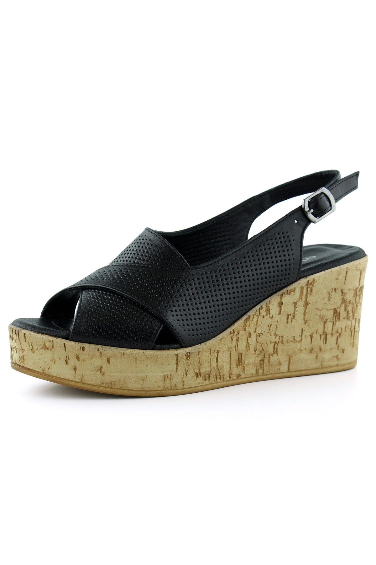 Erkan Saçmacı Serie Siyah Hakiki Dana Derisi Delik Detaylı Mantar Taban Görünümlü Dolgu Topuklu Slingback Sandalet