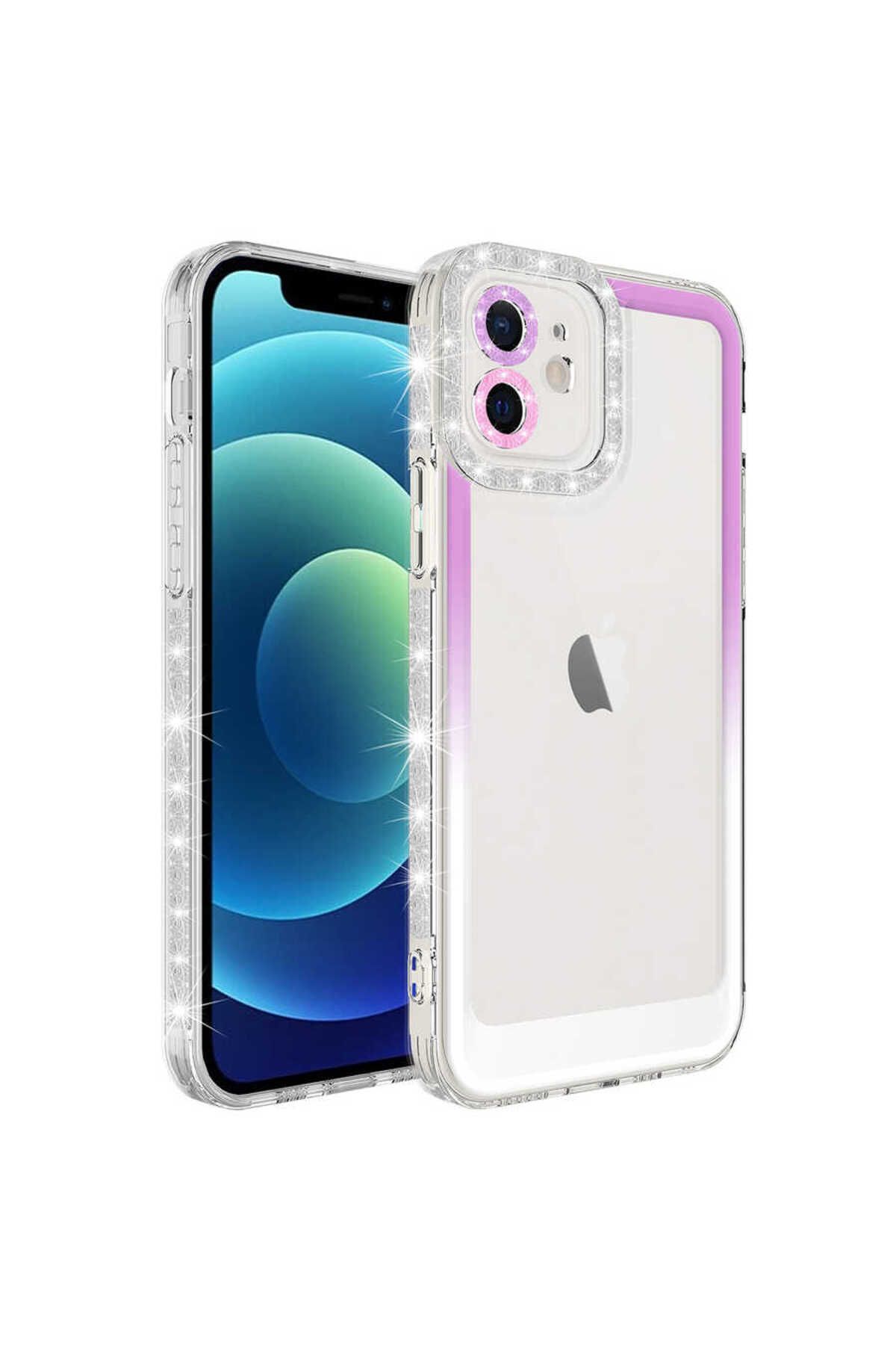 YTSGLOBAL iPhone 11 Uyumlu Simli ve Renk Geçiş Tasarımlı LYTSG Korumalı YTSG Park Kılıf-Mor-Beyaz