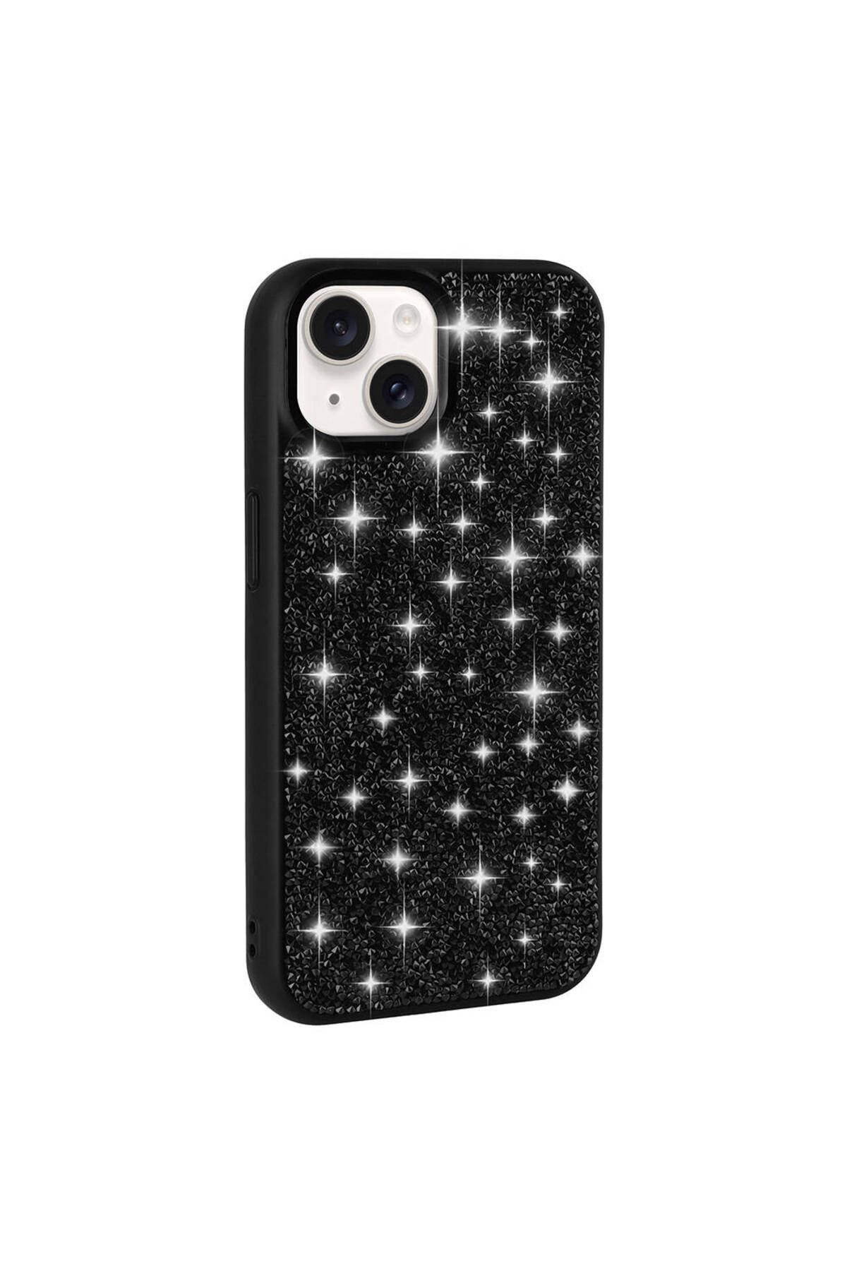 YTSGLOBAL iPhone 15 Uyumlu Parlak Taşlı Tasarım Pırlanta YTSG Kılıf-Siyah