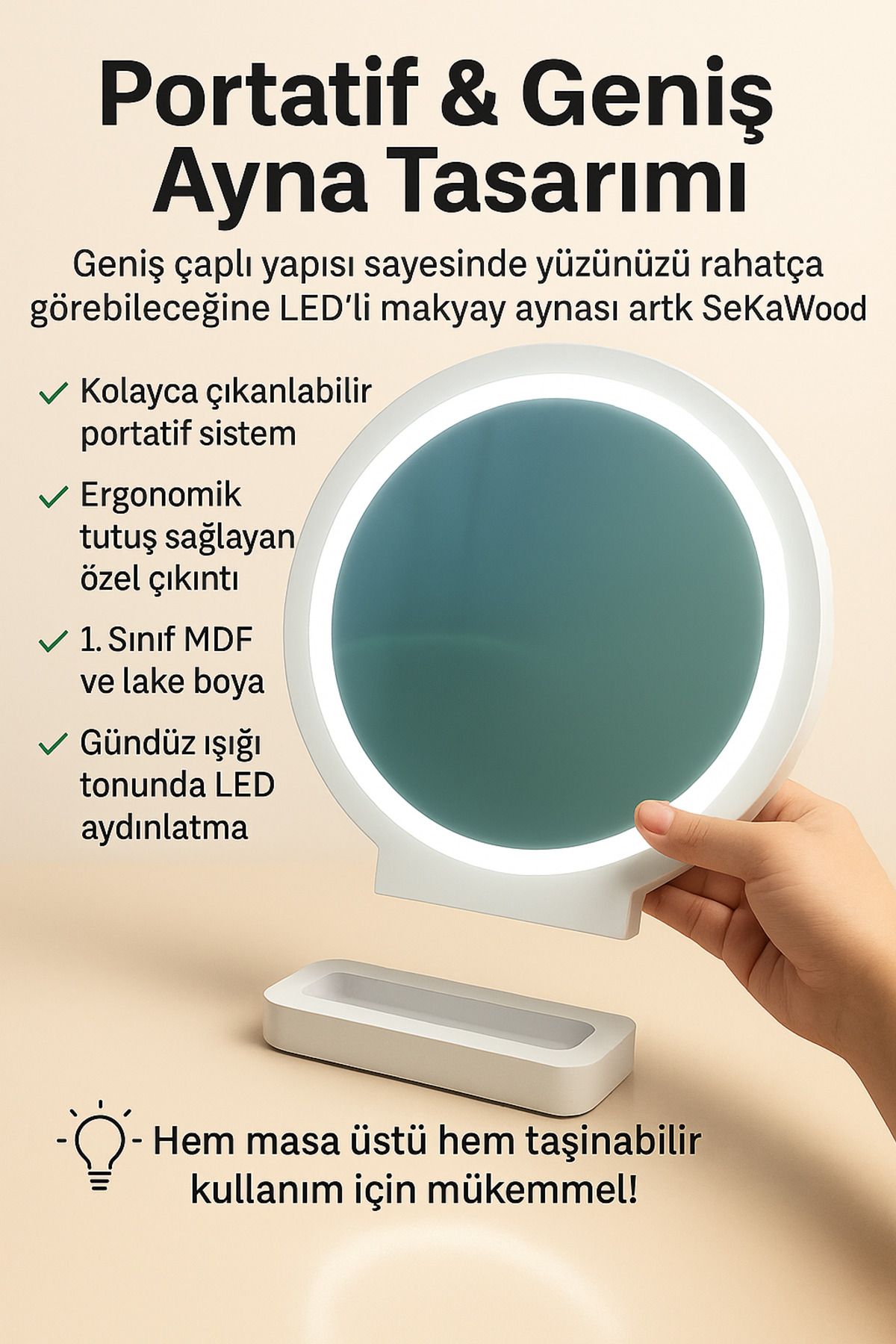 HOM SeKaWood LED Işıklı Makyaj Aynası | Portatif – Geniş Çap – Masaüstü Kullanım