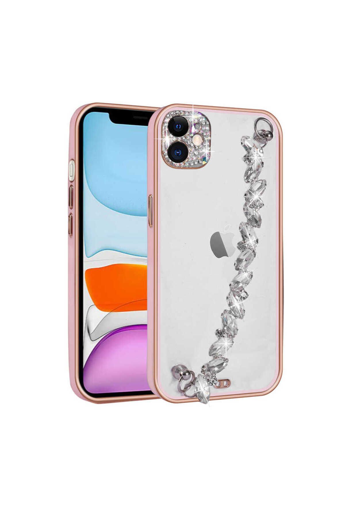 YTSGLOBAL iPhone 11 Uyumlu Taş Süslemeli Kamera Korumalı El Tutamaçlı YTSG Blazer Kılıf-Pembe