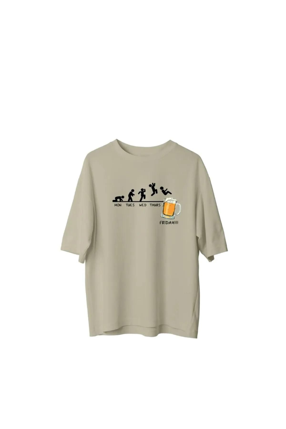 Koklonmoda Büyük Beden Unisex Beer Baskılı Oversize T-Shirt