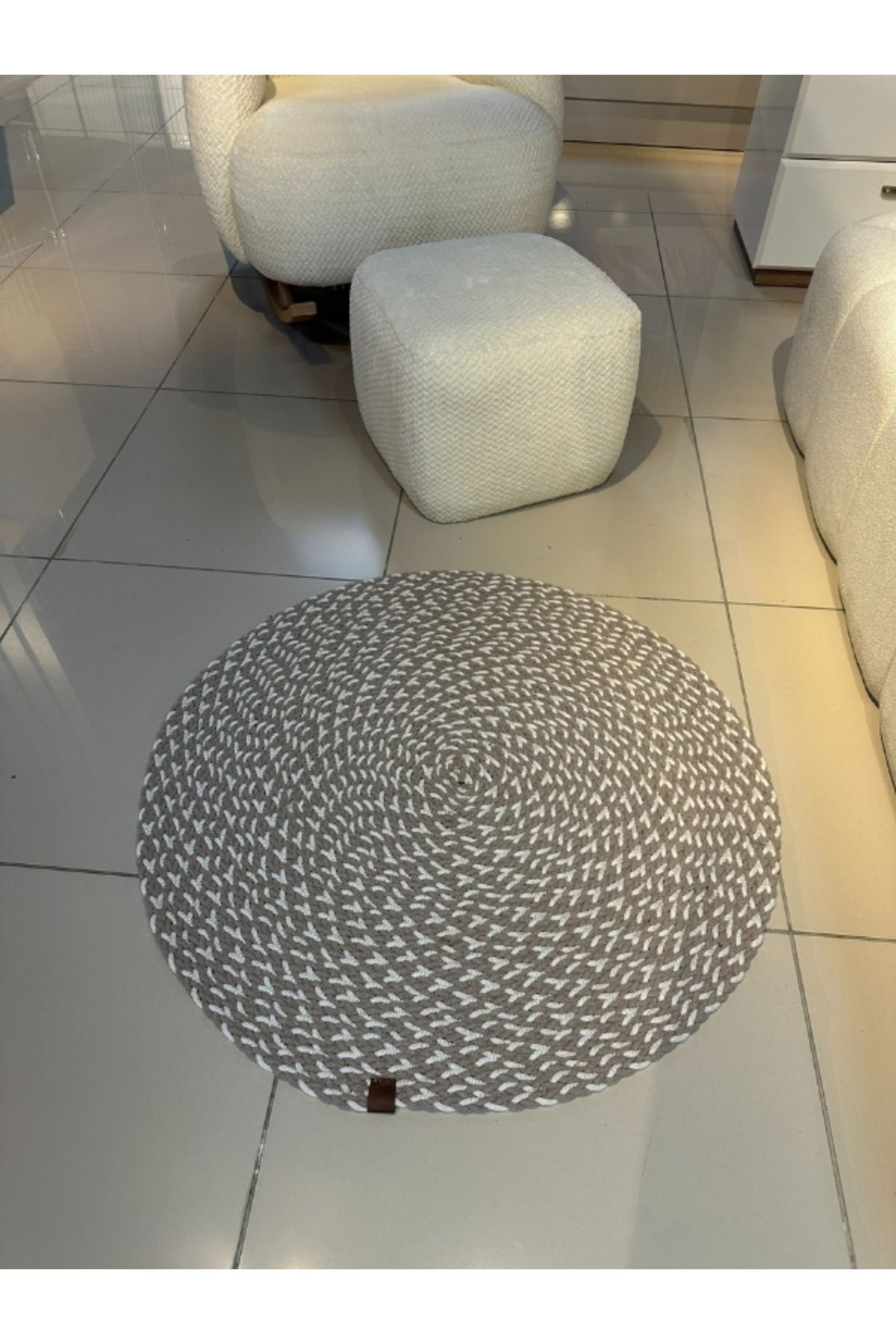 Halımax Loom Jüt Çift Taraflı Yıkanabilir Örgü Kilim Yuvarlak Halı Paspas Mutfak Banyo Balkon Gri Beyaz