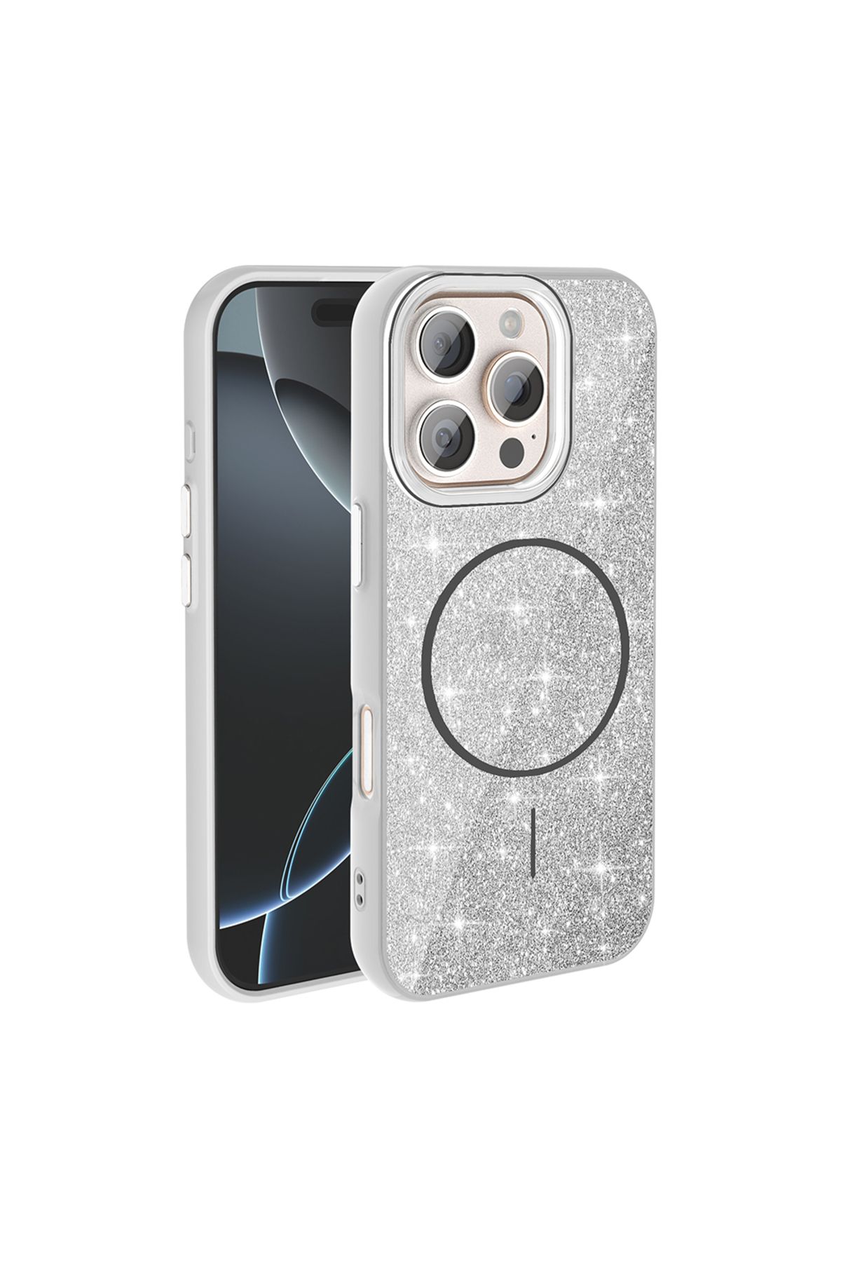 YTSGLOBAL iPhone 16 Pro Kılıf Magsafe Şarj Özellikli Parlayan Simli YTSG Okso Kapak - Beyaz
