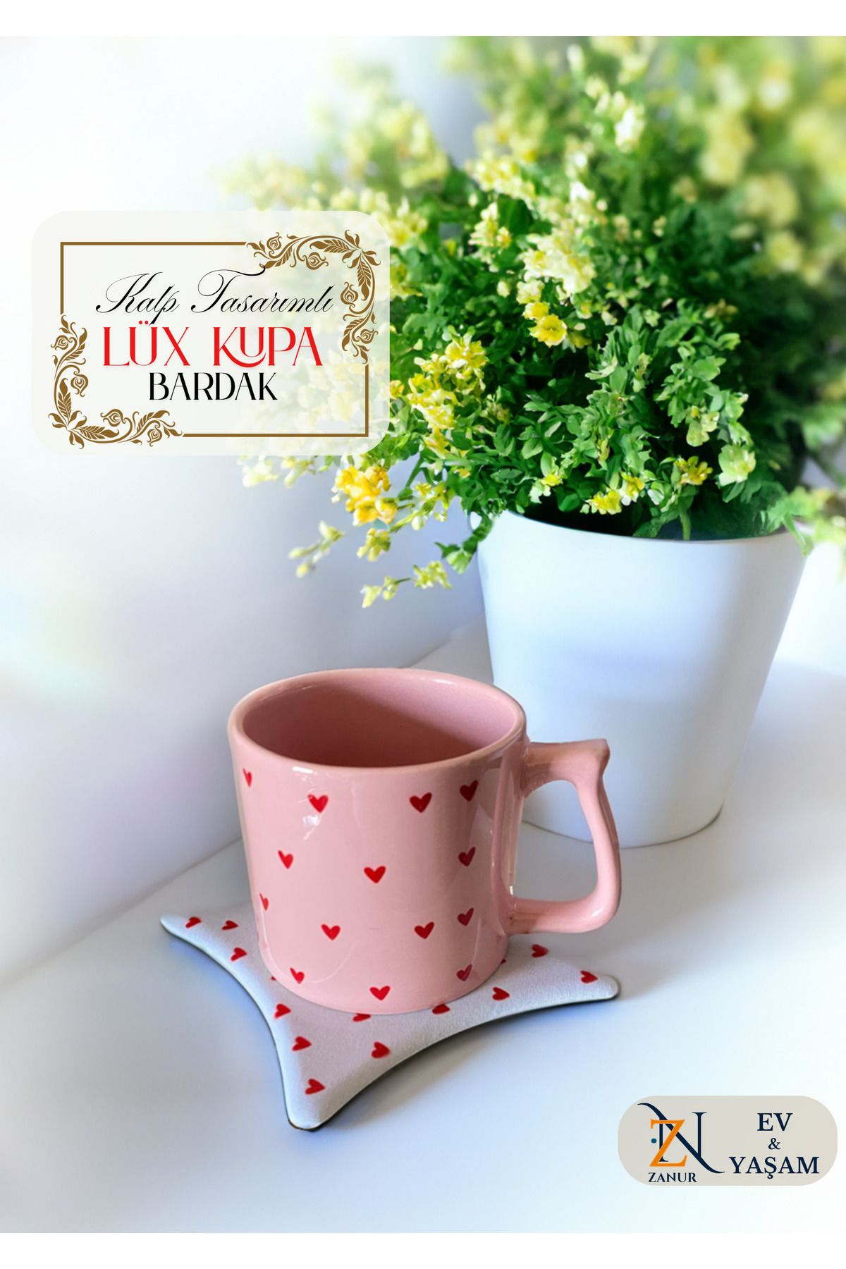 zanur Pembe lüx Kupa, Kalpli Kupa, Kalpli Bardak Altlığı hediyeli , Bardak Altlığı, Doğum günü,Hediye