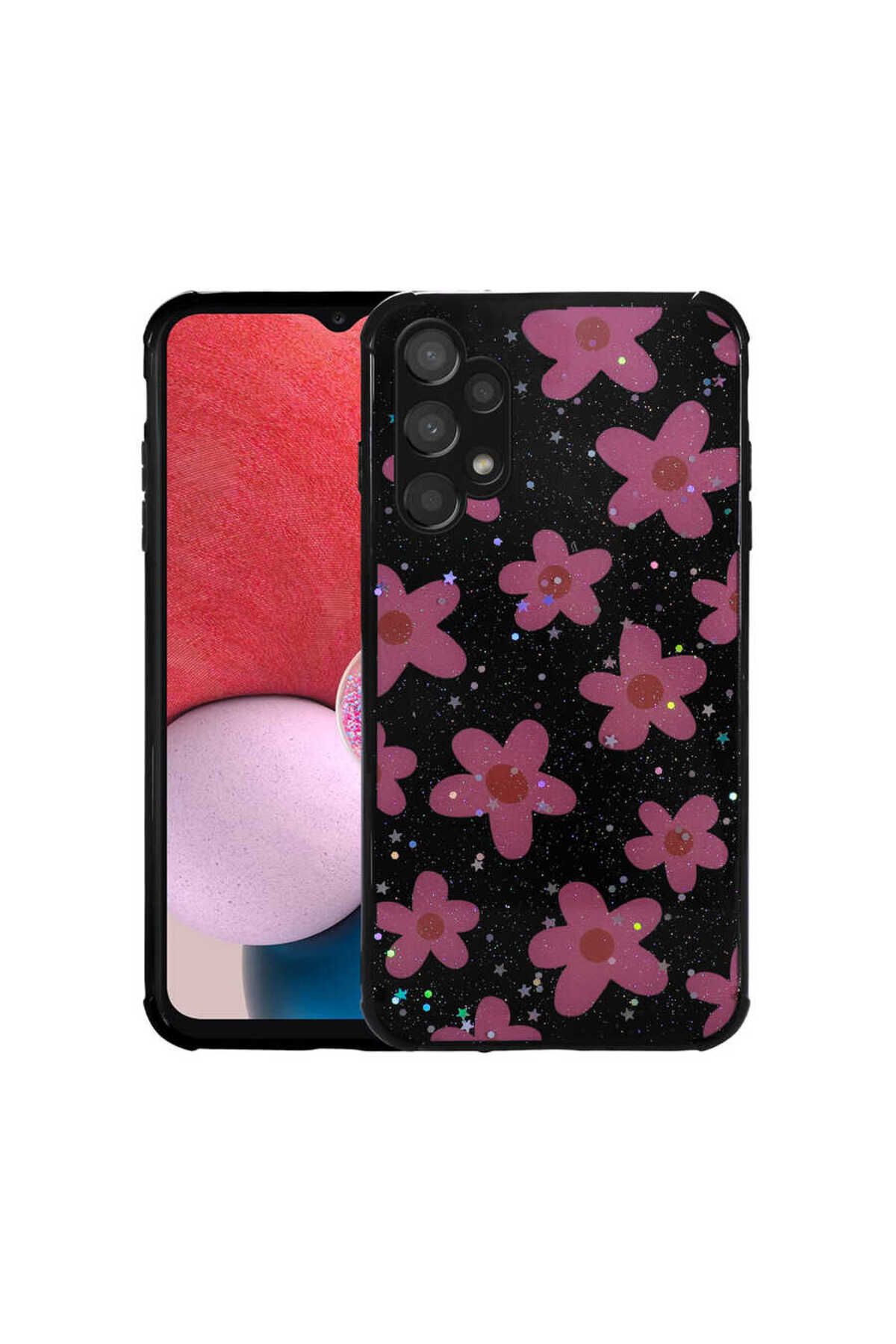 YTSGLOBAL Galaxy A13 4G Kılıf Simli Desenli Kamera Korumalı Parlak YTSG Popy Kapak - Çiçek