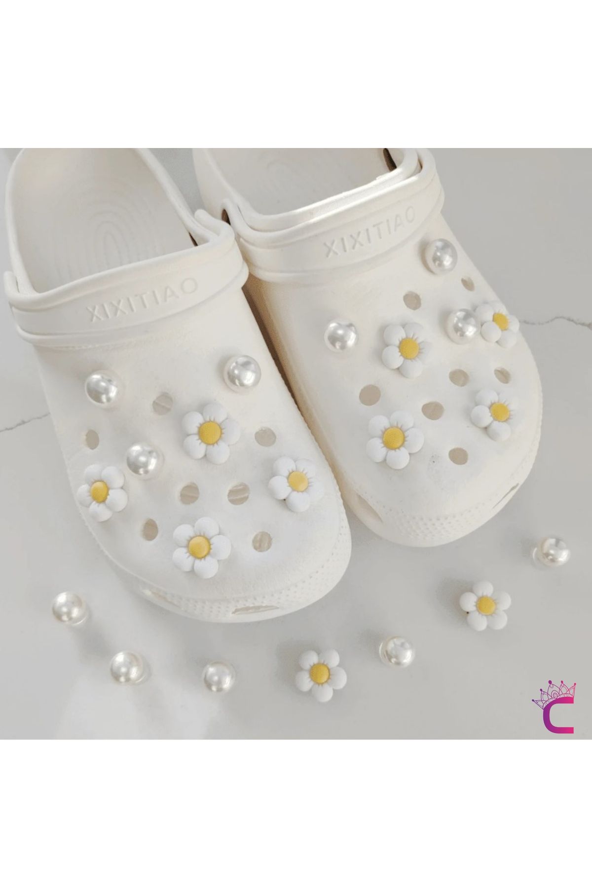 Cinderella 14'lü Papatya Çiçekli İncili Taşlı Terlik Süsü Seti Jibbitz - Cross Terlik Süsleri Crocks Charm