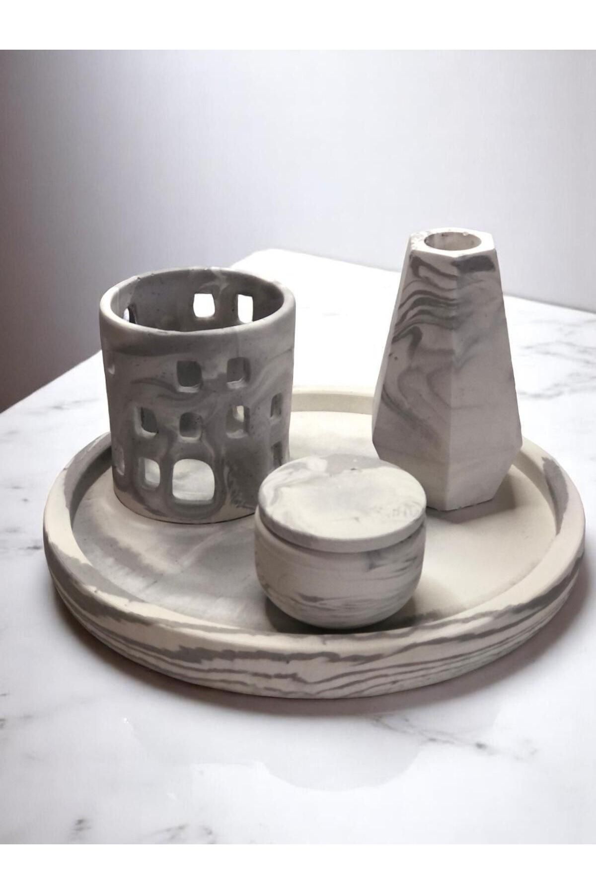 Mum ve Parafin Mermer Desenli El Yapımı Beton Dekor Set Taş Tozu Mumluk Takı Kutusu Şamdan Yuvarlak tepsi