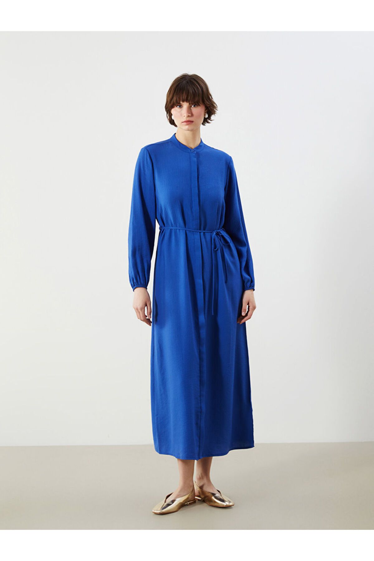 LC Waikiki-Rochie cămașă oversize cu guler albastru texturat în formă de A 2