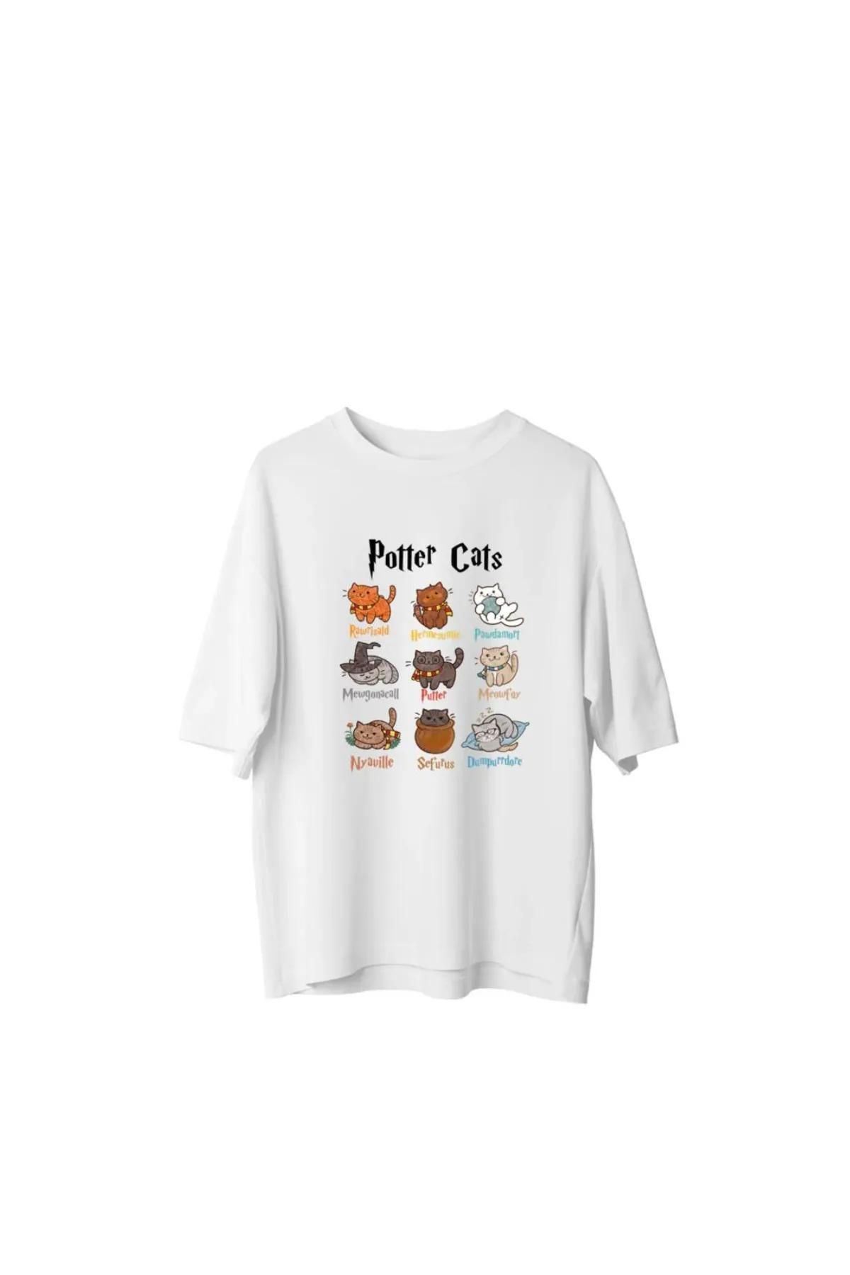 Koklonmoda Büyük Beden Unisex Potter Cats Baskılı Oversize T-Shirt