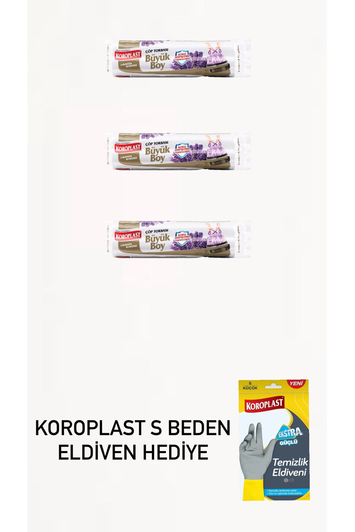 Koroplast 3 adet büyük lavanta kokulu büzgülü çöp poşeti s beden eldiven hediyeli