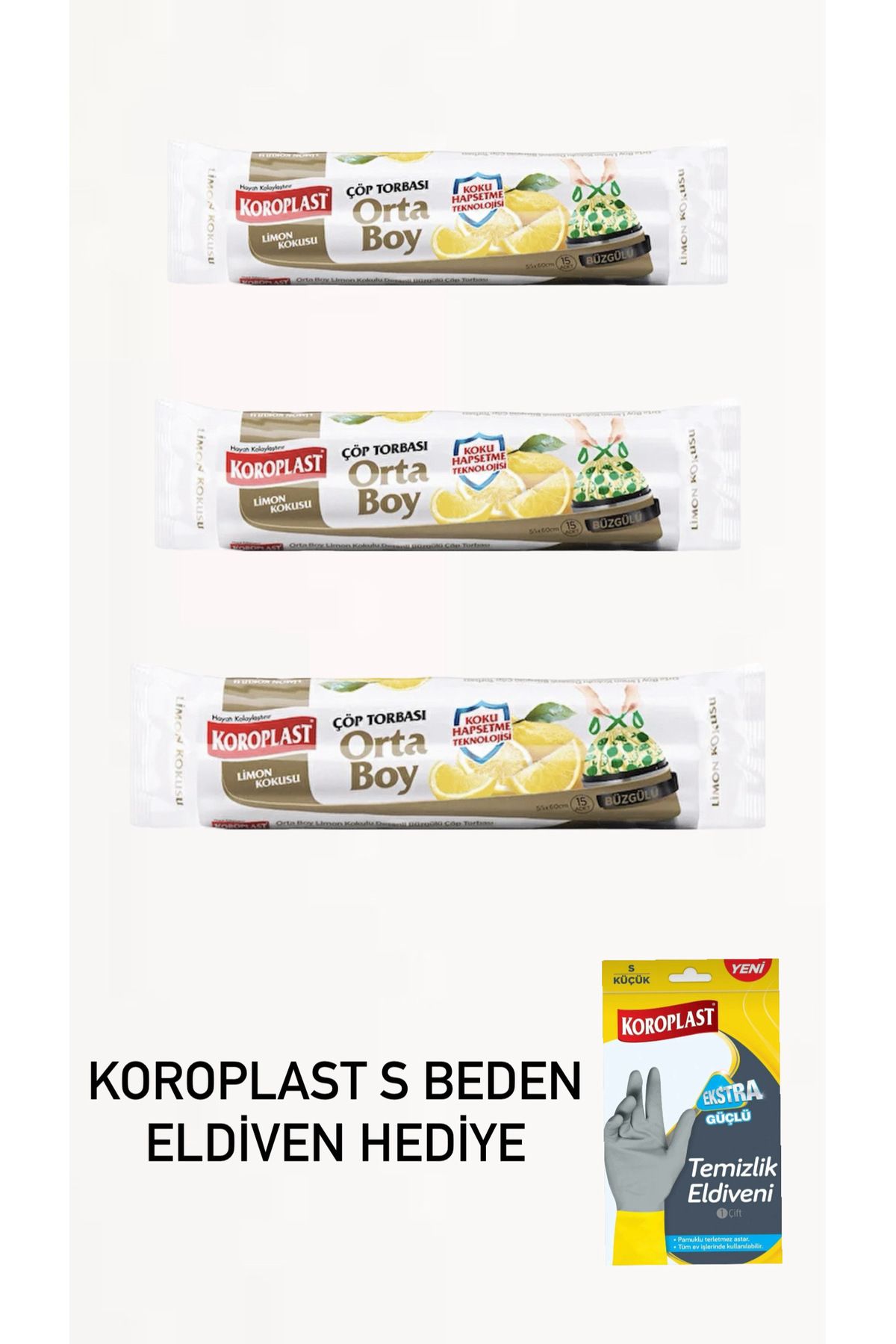 Koroplast 3 adet limon büzgülü orta boy s beden eldiven