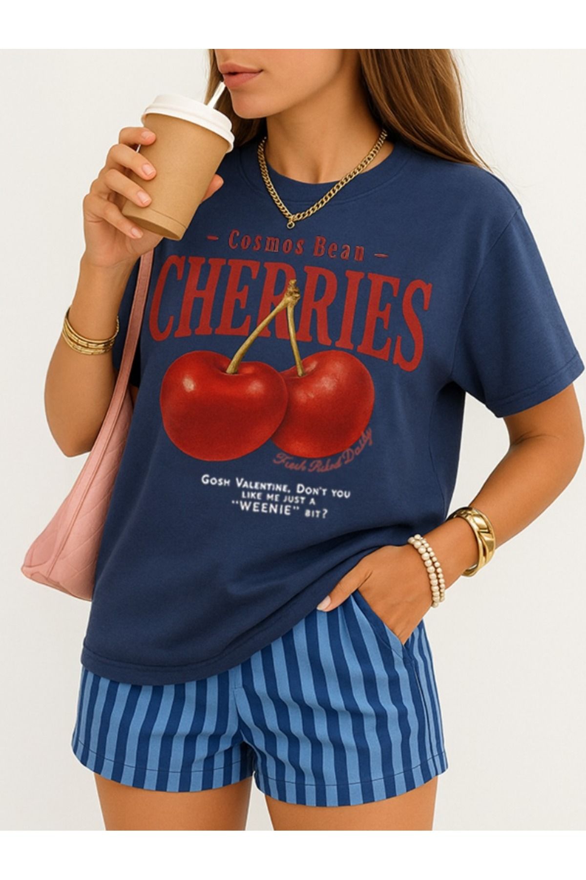 Elvino Lacivert Red Cherries Baskılı Oversize Unisex Tshirt