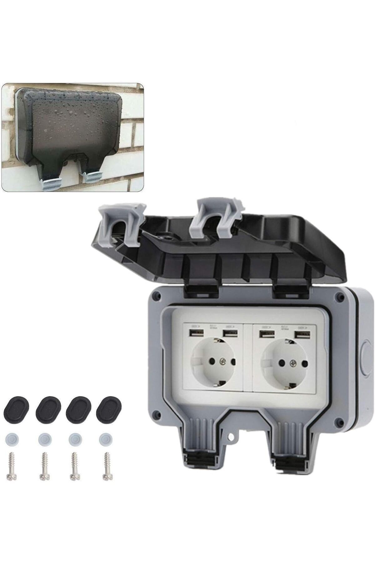 BOEM Priză Dublă De Exterior, Policarbonat, Cu Usb, Impermeabilă Ip66, Accesorii De Instalare, Gri - One Size