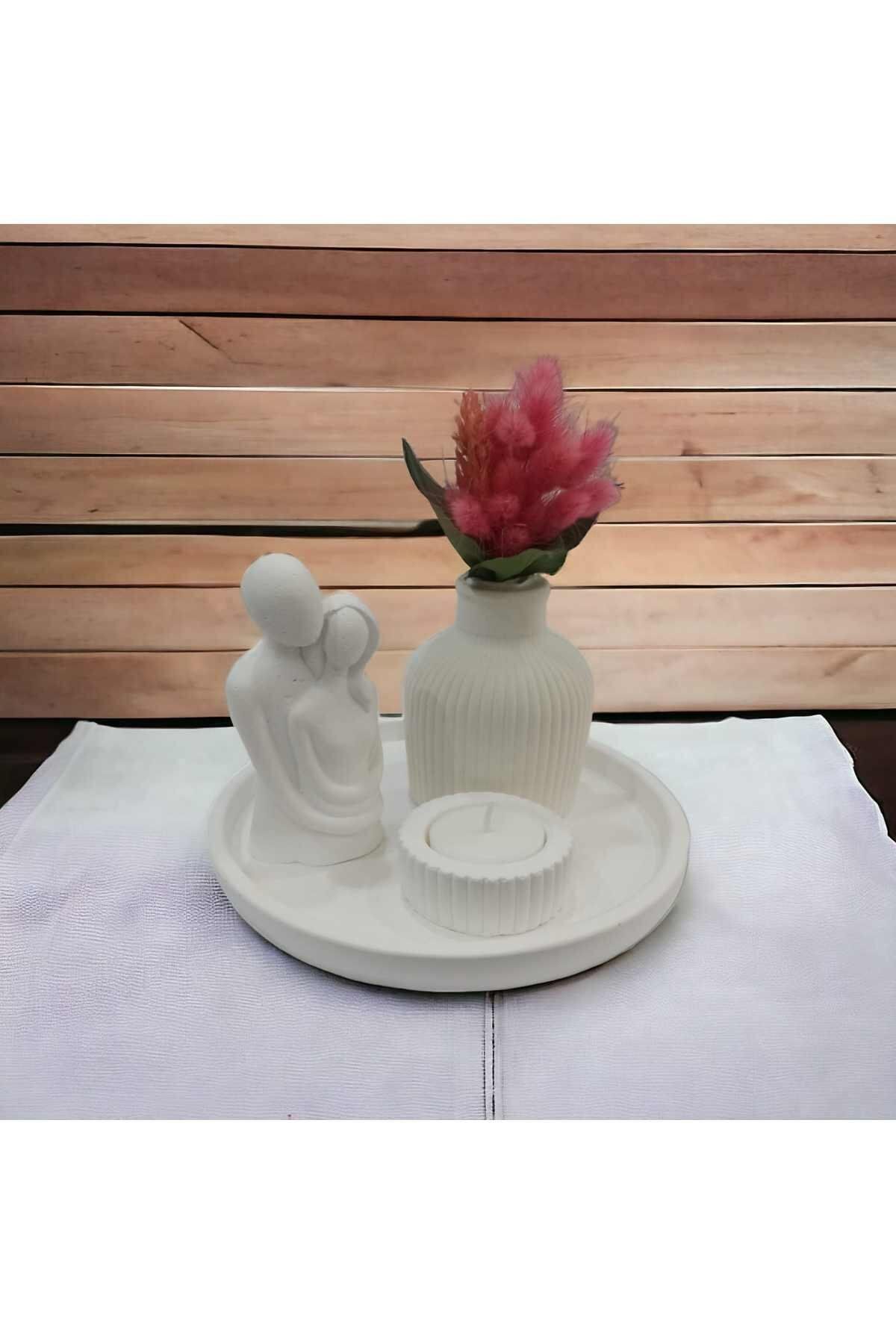 SerenityHaven Dekoratif Çizgili Pampas Vazo, Sarılan Çift, Çizgili Mumluk ve Yuvarlak Stand