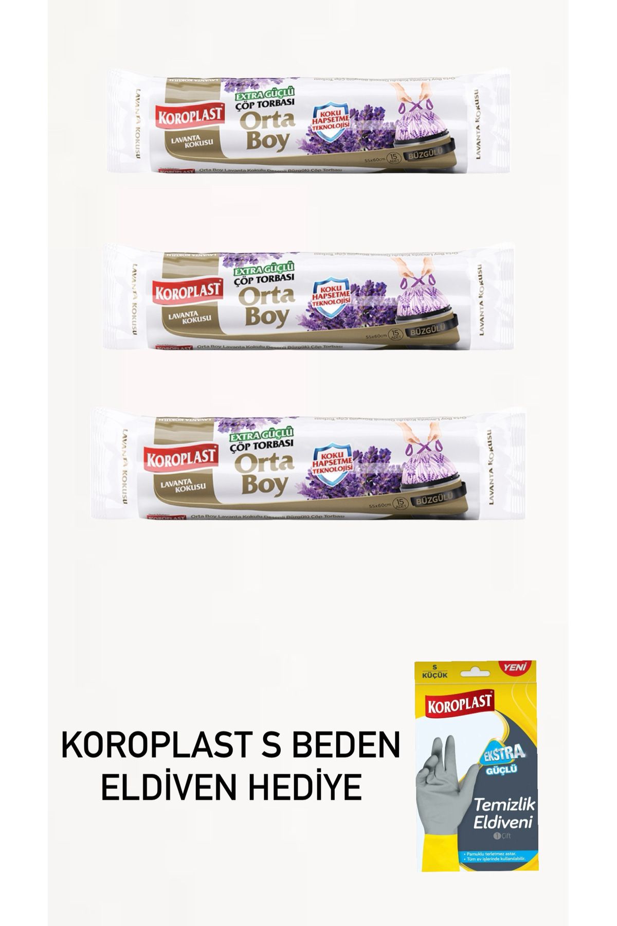 Koroplast 3 adet orta boy lavanta büzgülü s beden eldiven hediyeli