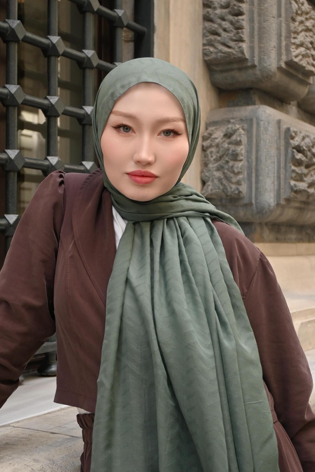 Pull Scarfs küf yeşili - Zigzag Desen Bambu Jakar