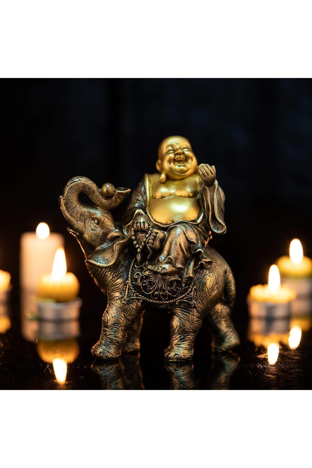 SerenityHaven Lüks Motifli İşlemeli Fil Üzerinde Buda Biblo Heykel Vitrin Masa Süsü Ev & Yılbaşı Hediyesi 18 cm.