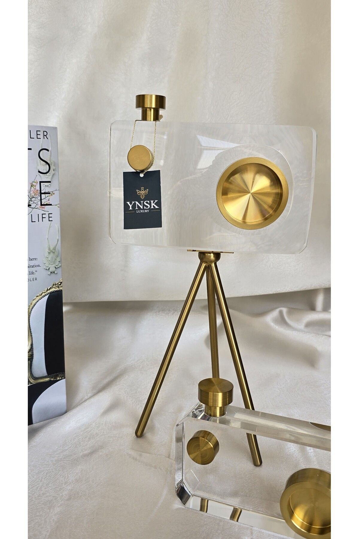 YNSK Tripot Ayaklı Kristal Cam Fotoğraf Makinesi Dekoratif Obje - Büyük Boy