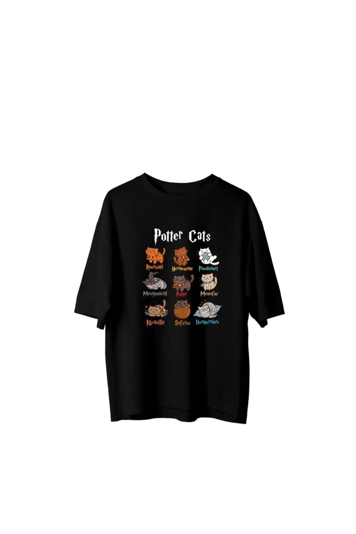 Koklonmoda Büyük Beden Unisex Potter Cats Baskılı Oversize T-Shirt