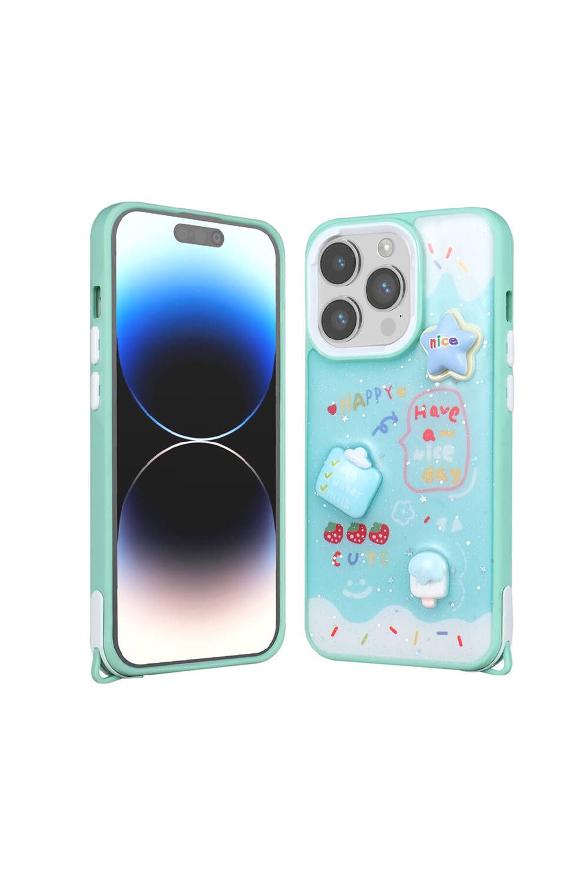 Başkenttekno iPhone 14 Pro Max Kılıf Parlayan Simli Kabartma Figürlü Cevze Kapak