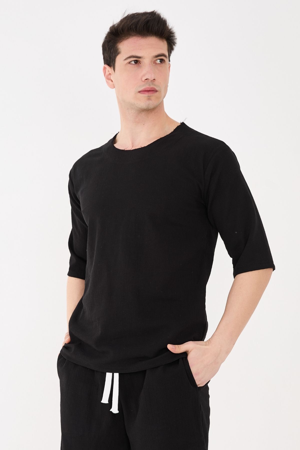 RELAXL %100 Pamuk Unisex Bisiklet Yaka Fakir Kol Rahat Siyah Tişört