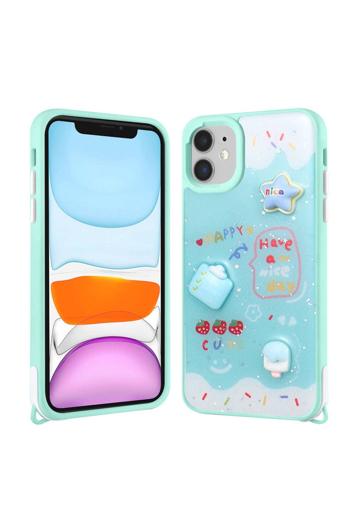 Başkenttekno iPhone 11 Kılıf Parlayan Simli Kabartma Figürlü Cevze Kapak