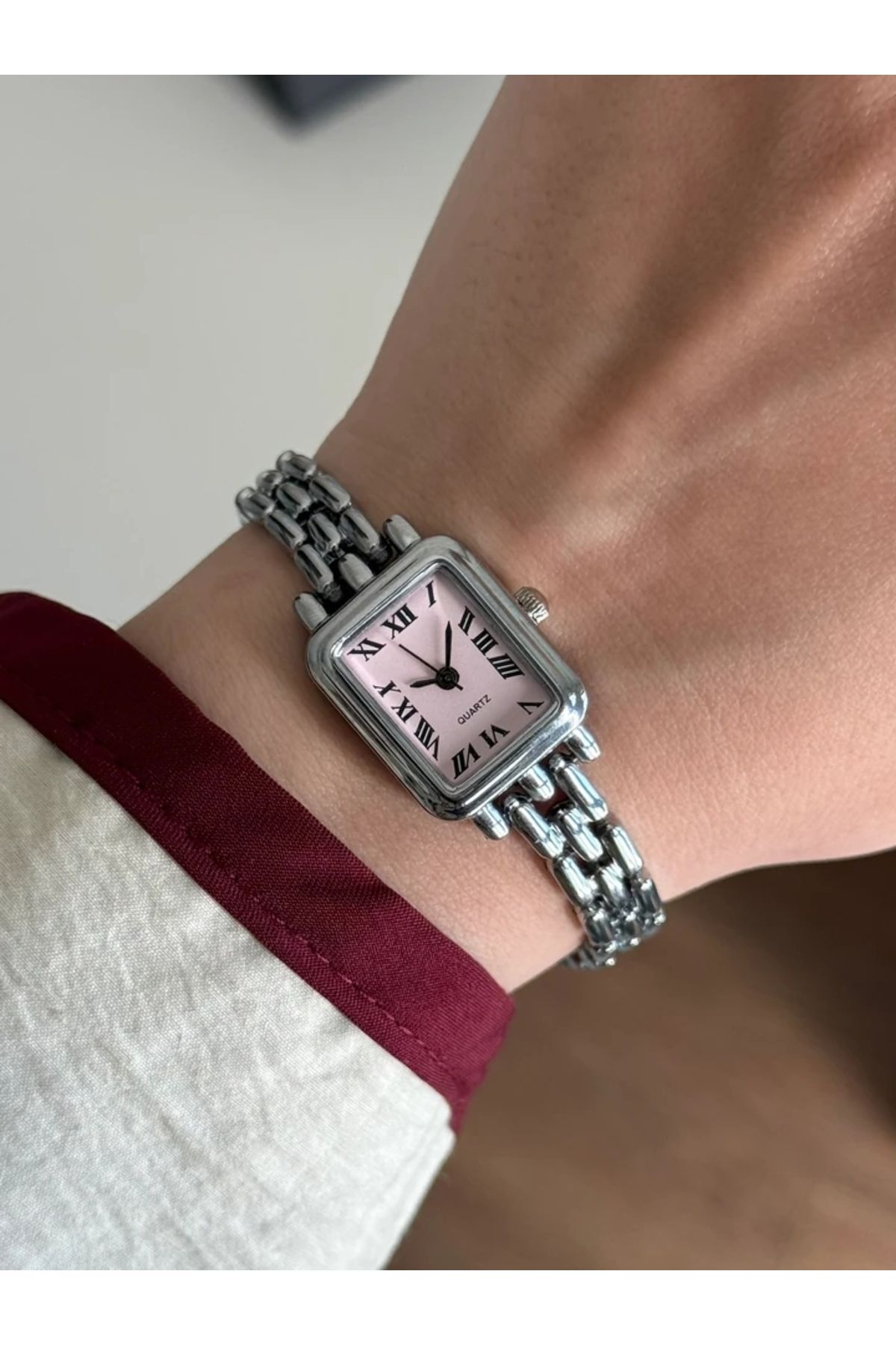 RoseandRoses Kettey Özel Tasarım İnce Kordon Vintage Kadın Kol Saati Gümüş (Pembe Kadran)