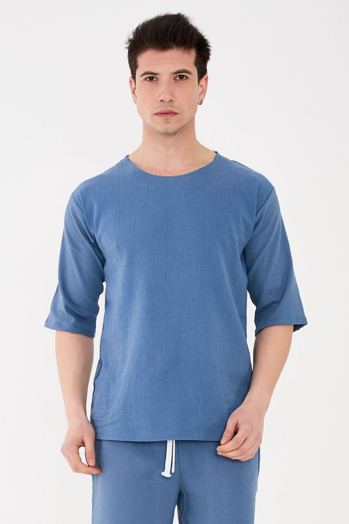 RELAXL %100 Pamuk Unisex Oversize Fakir Kol Basic Tişört İndigo Mavi