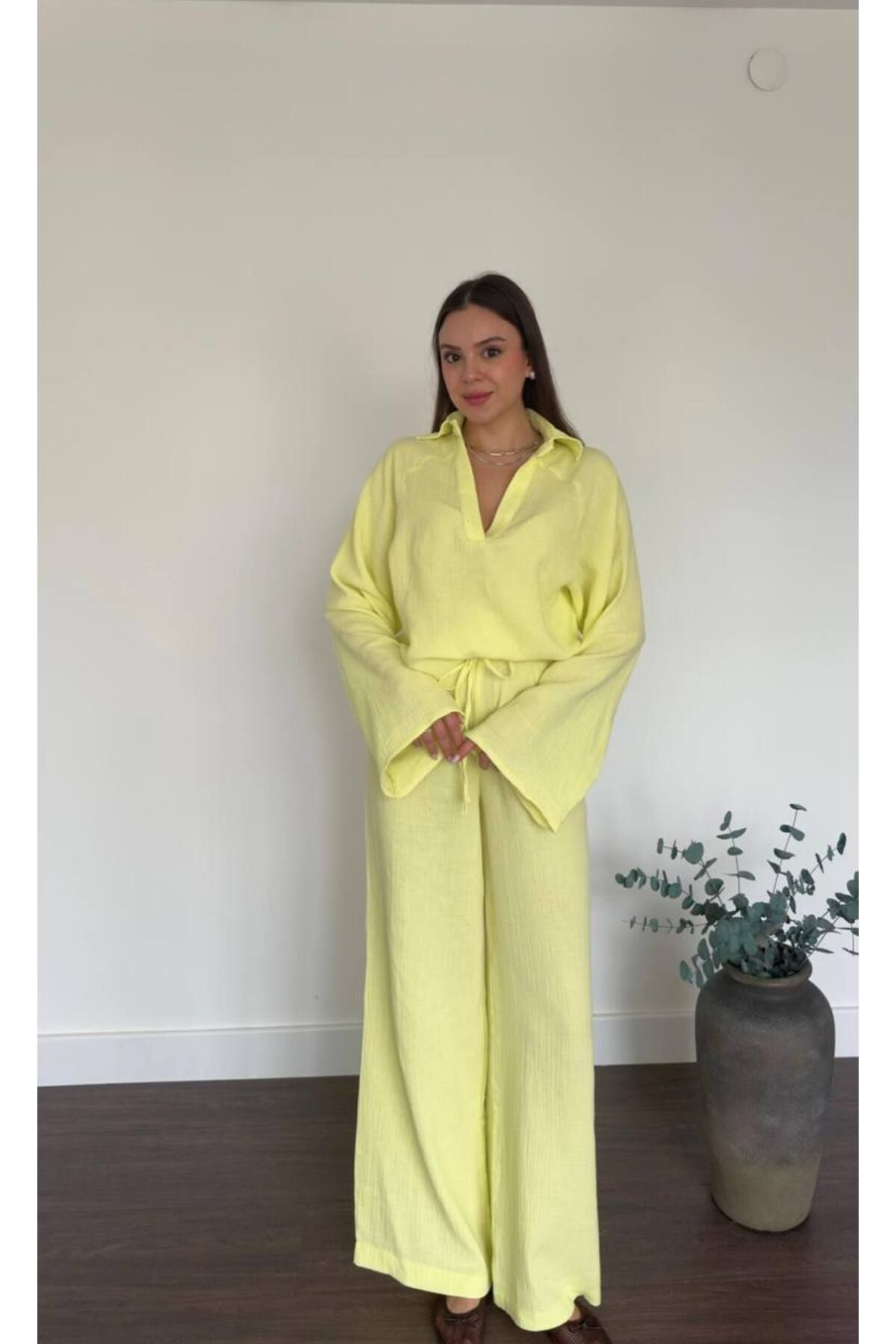 Hotfashion Polo Yaka İspanyol Kol Bluz Bağcıklı Pantolon Takım