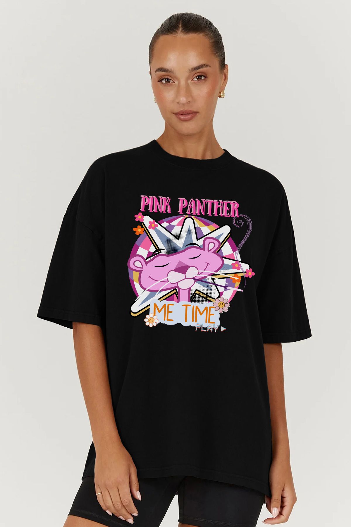MODA Pembe Panter Pink Panther Baskılı Oversize Kalıp Siyah Geniş Bol Kesim Kadın Tişört