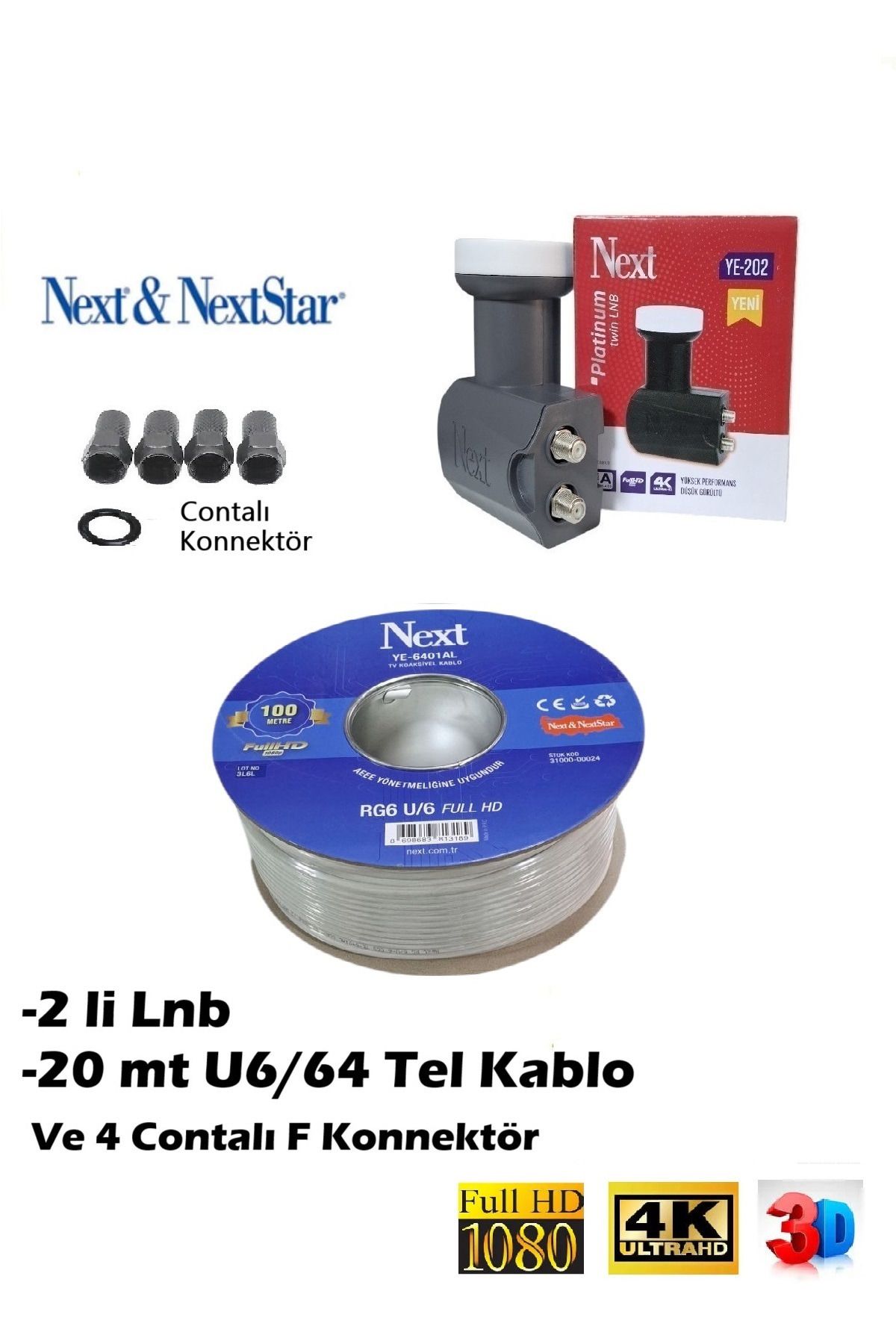 Vwin 20 Metre Anten Kablosu FullHD 3D 4K (Next) + 2'li Lnb YE 202 + 4 Contalı Konnektör