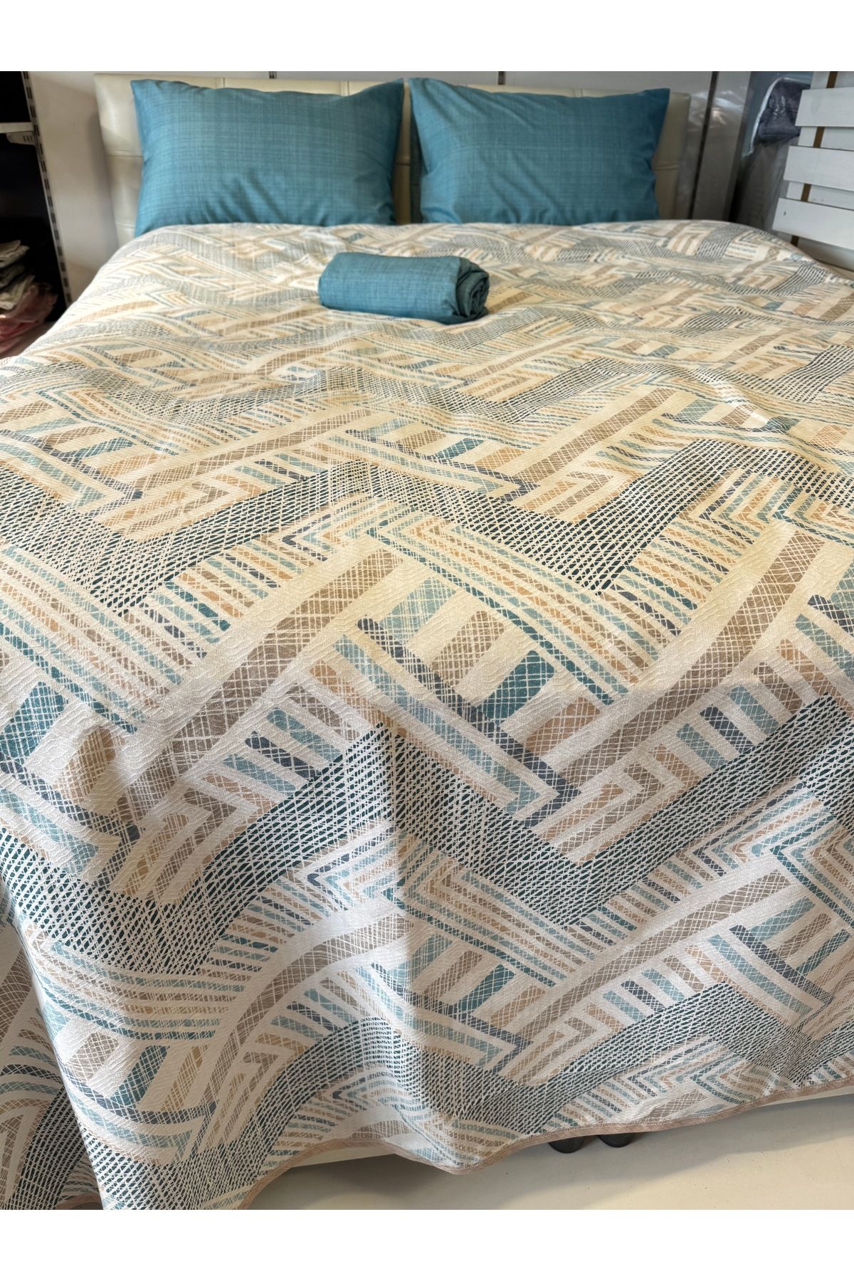 ŞENER HOME-Meander Patterned Sheet Elastic Single Pique Set 5