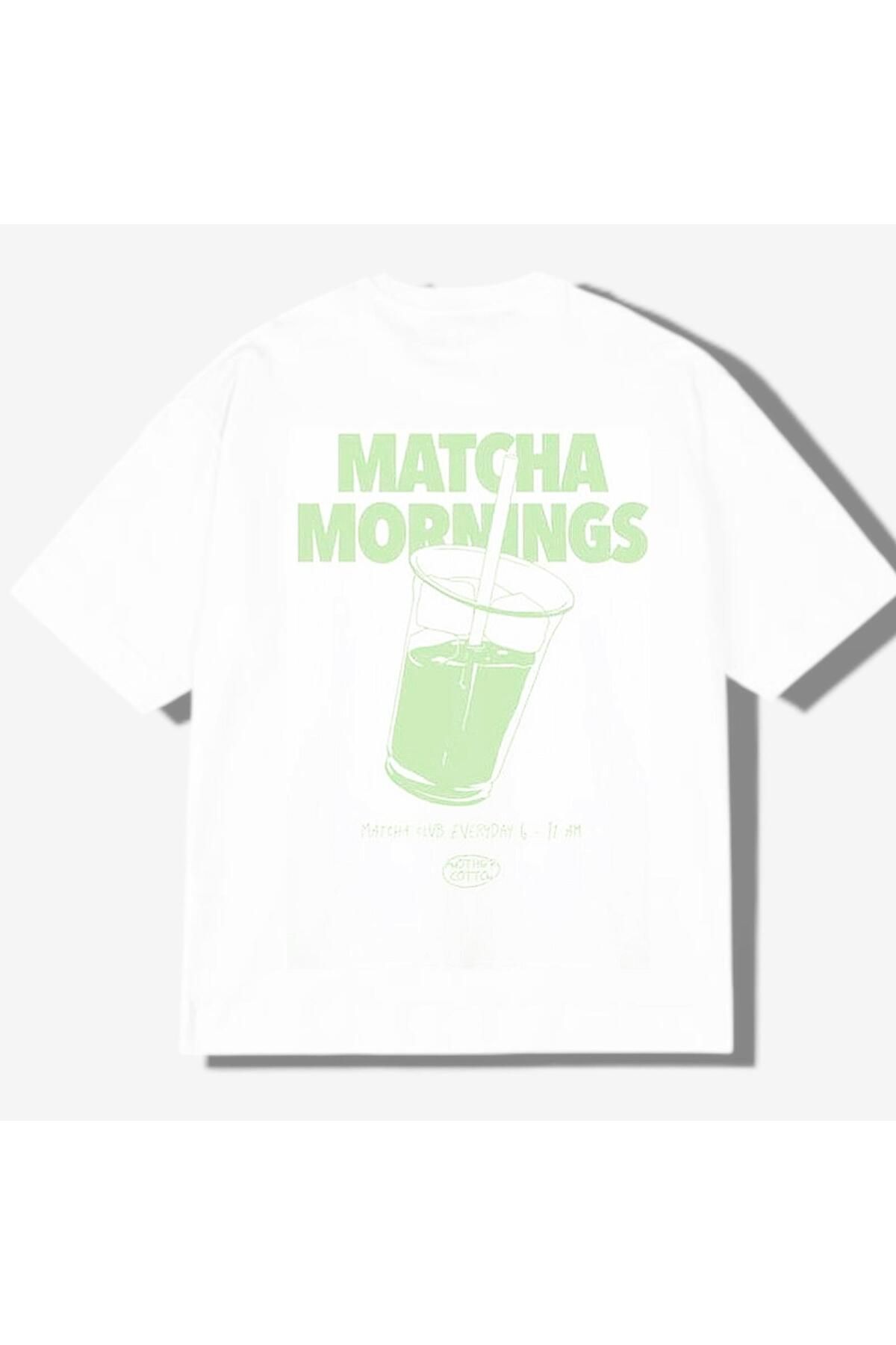 Elvino Matcha Baskılı Oversize Unisex Beyaz Pinterest Tshirt