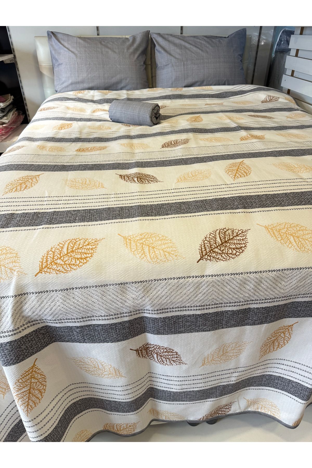 ŞENER HOME-Leaf Patterned Sheet Elastic Single Pique Set 5