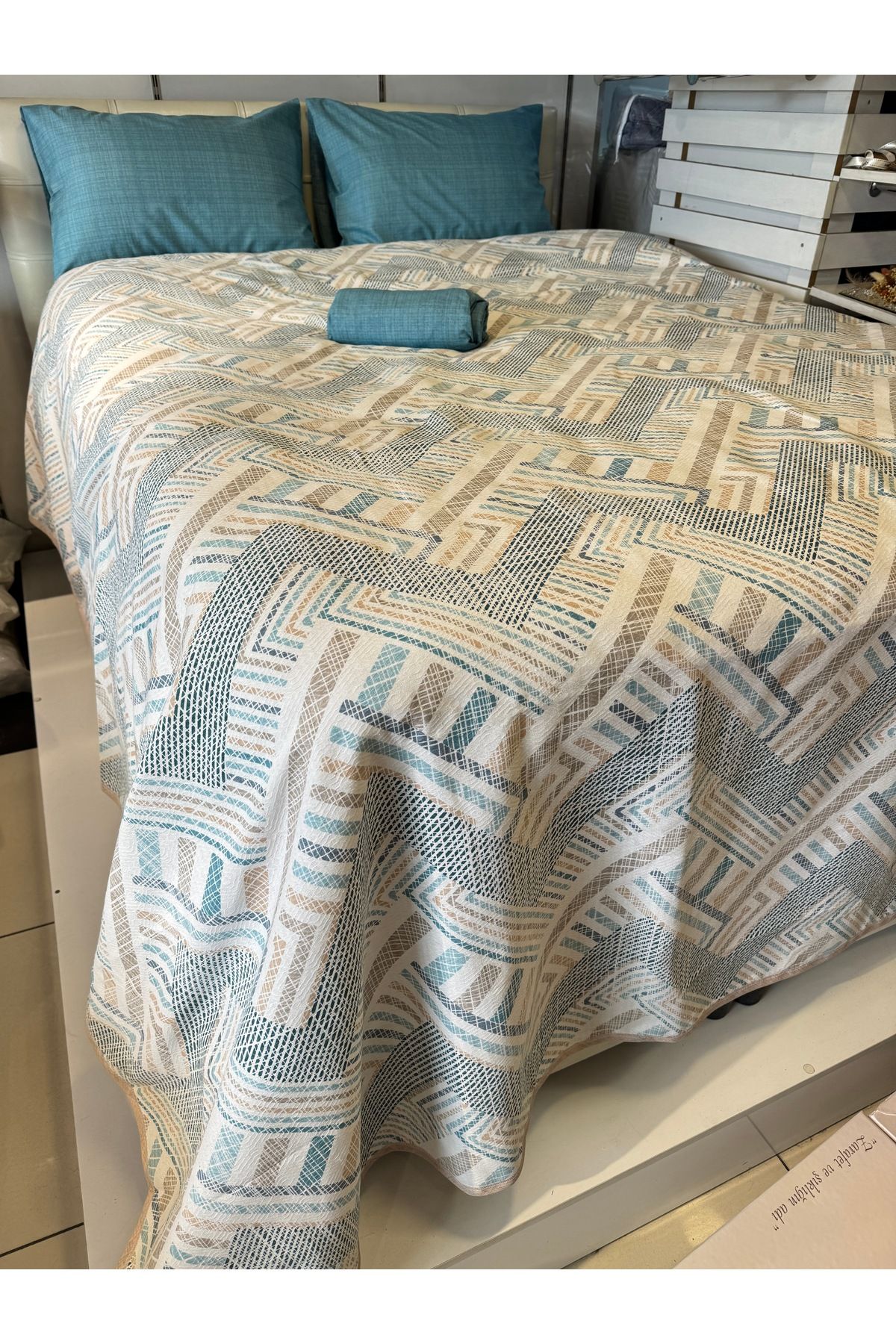 ŞENER HOME-Meander Patterned Sheet Elastic Single Pique Set 4
