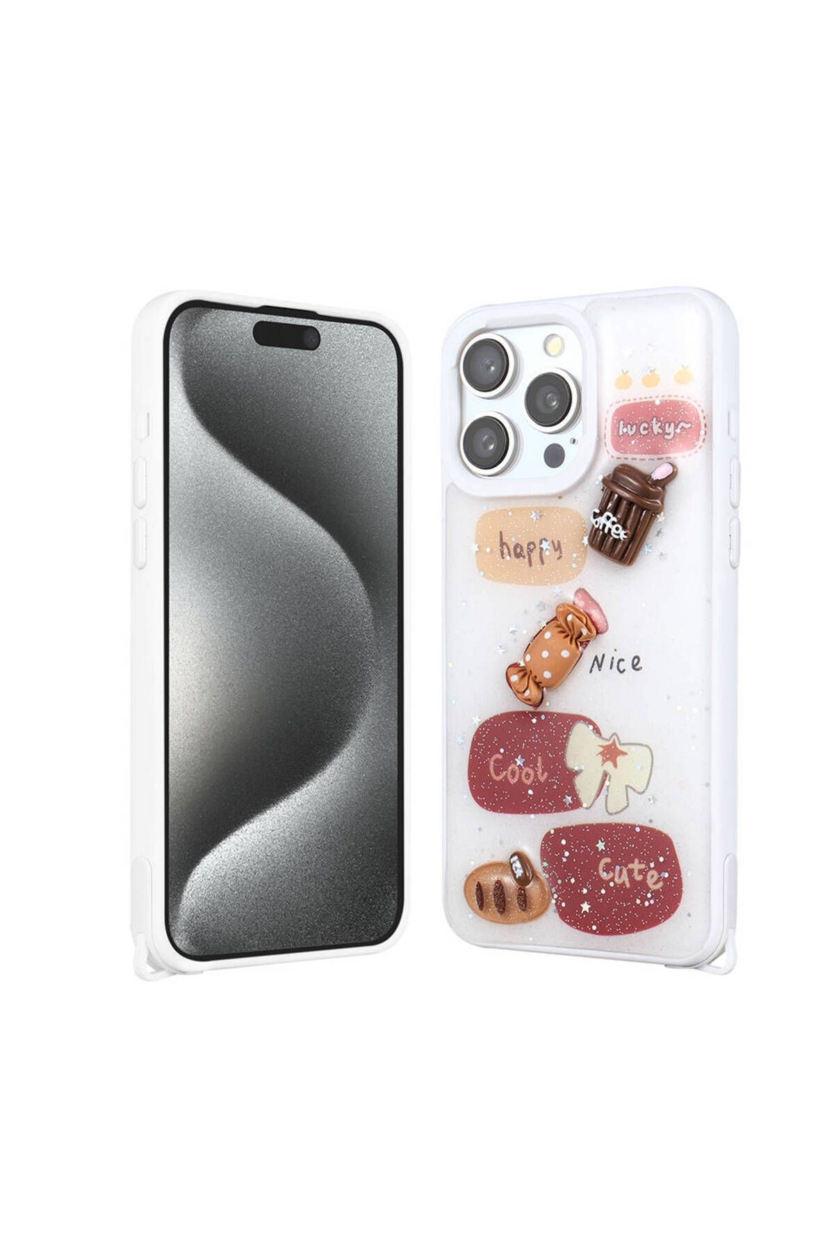 Başkenttekno iPhone 15 Pro Max Kılıf Parlayan Simli Kabartma Figürlü Cevze Kapak