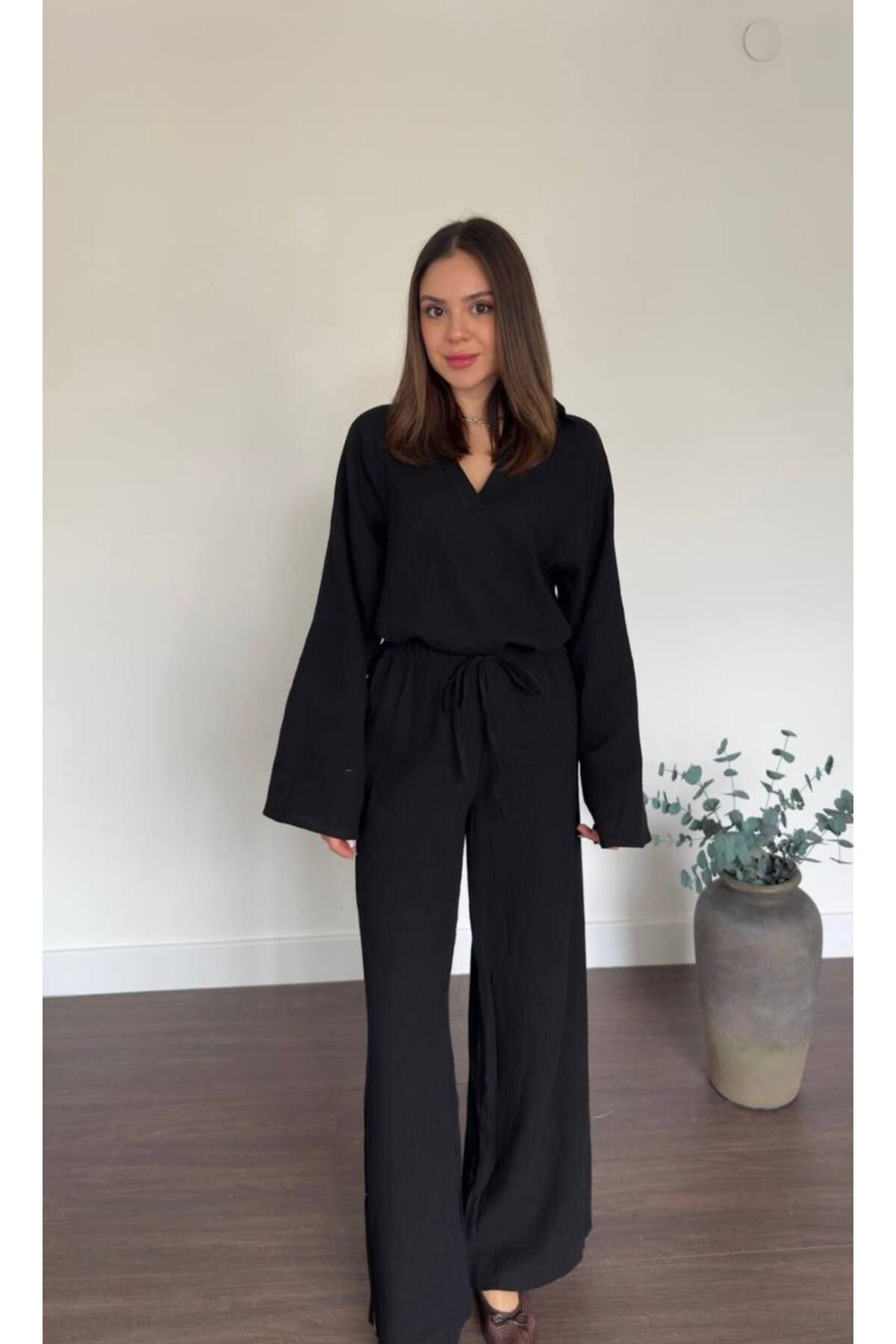 Hotfashion Polo Yaka İspanyol Kol Bluz Bağcıklı Pantolon Takım