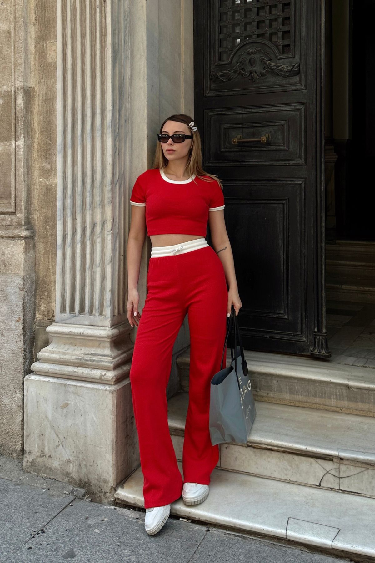 Siner Fashion Kadın Beyaz Detaylı Crop Yüksek Bel Alt Üst Takım