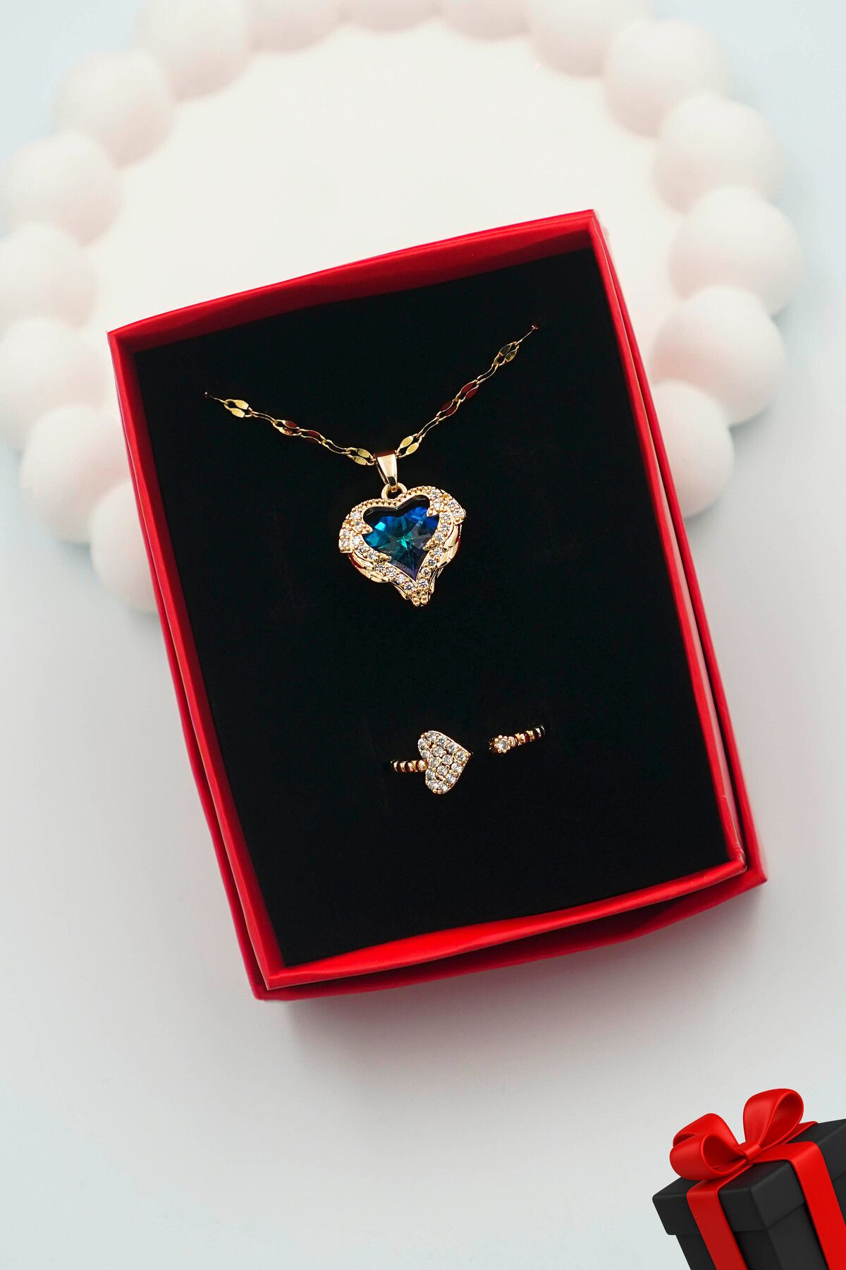 TREND COLLECTİON Kadın Paslanmaz Çelik Kalp Model Gold Zirkon Taşlı Kolye Ve Yüzük (Kutulu)