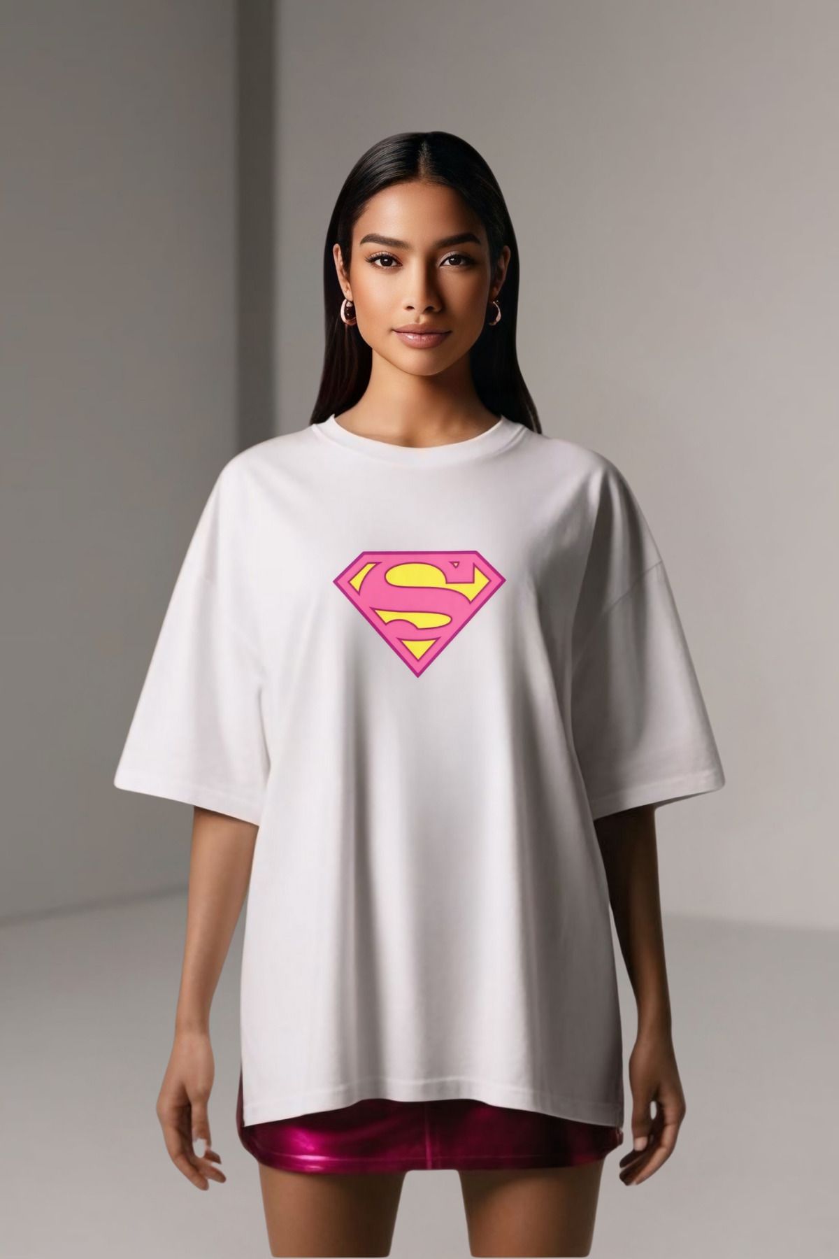 Butik Pembe Superman Baskılı T-shirt - Özgün Tasarım Pamuk Kumaş