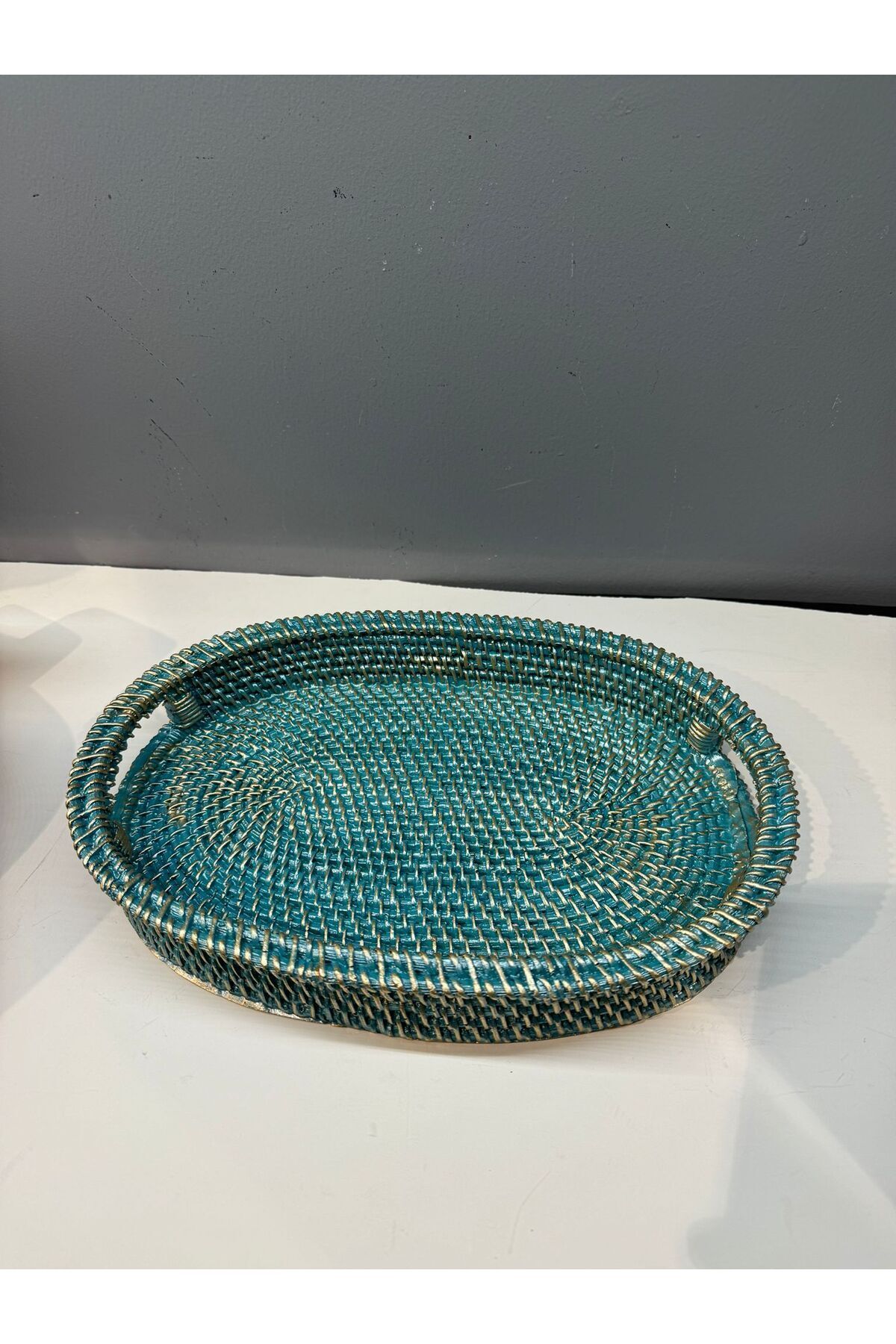 SerenityHaven Dekoratif Polyester Hasır Tepsi Turkuaz-Gold Eskitme