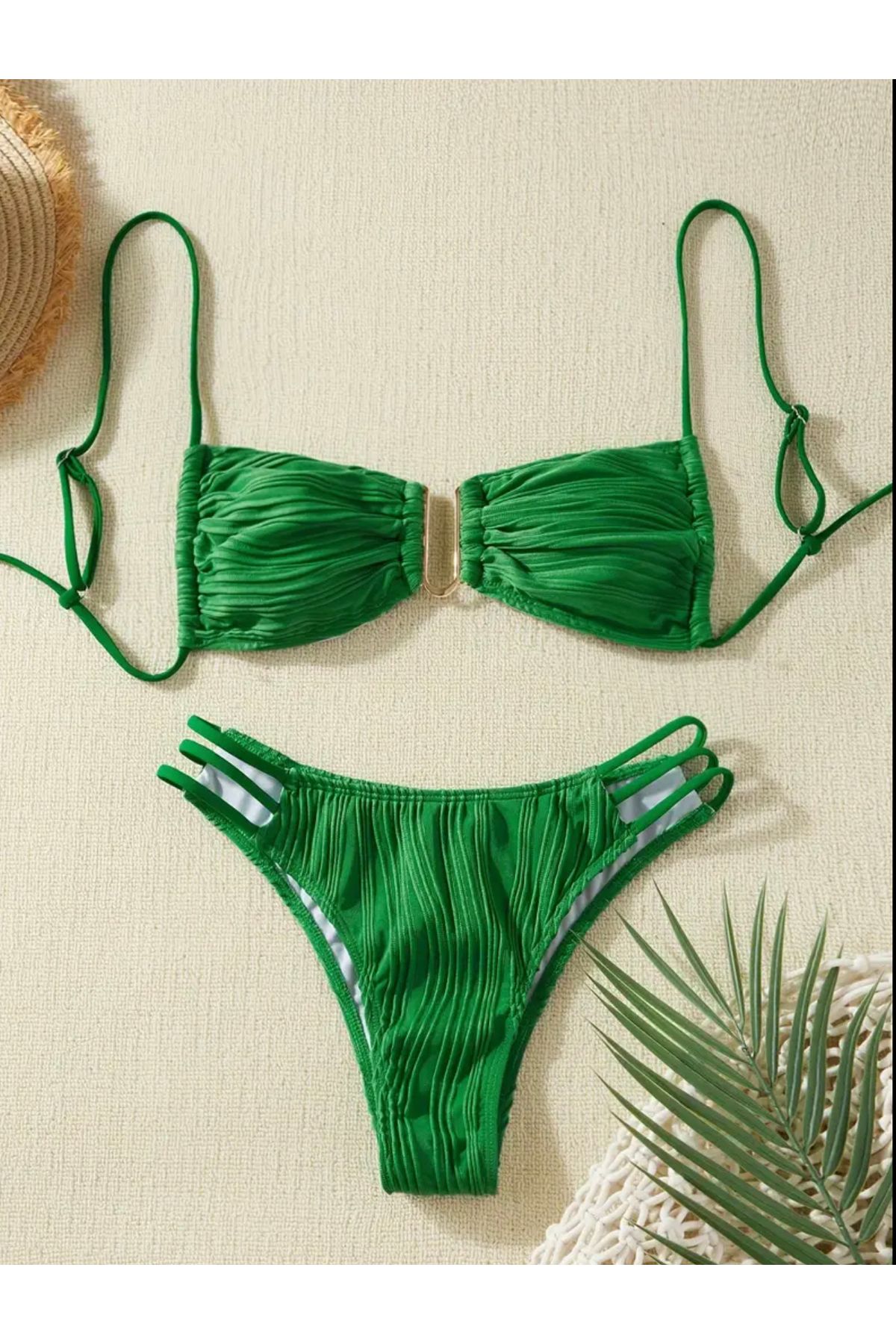 Elia Yeşil Straplez İpli Dokulu Şık Bikini Takımı
